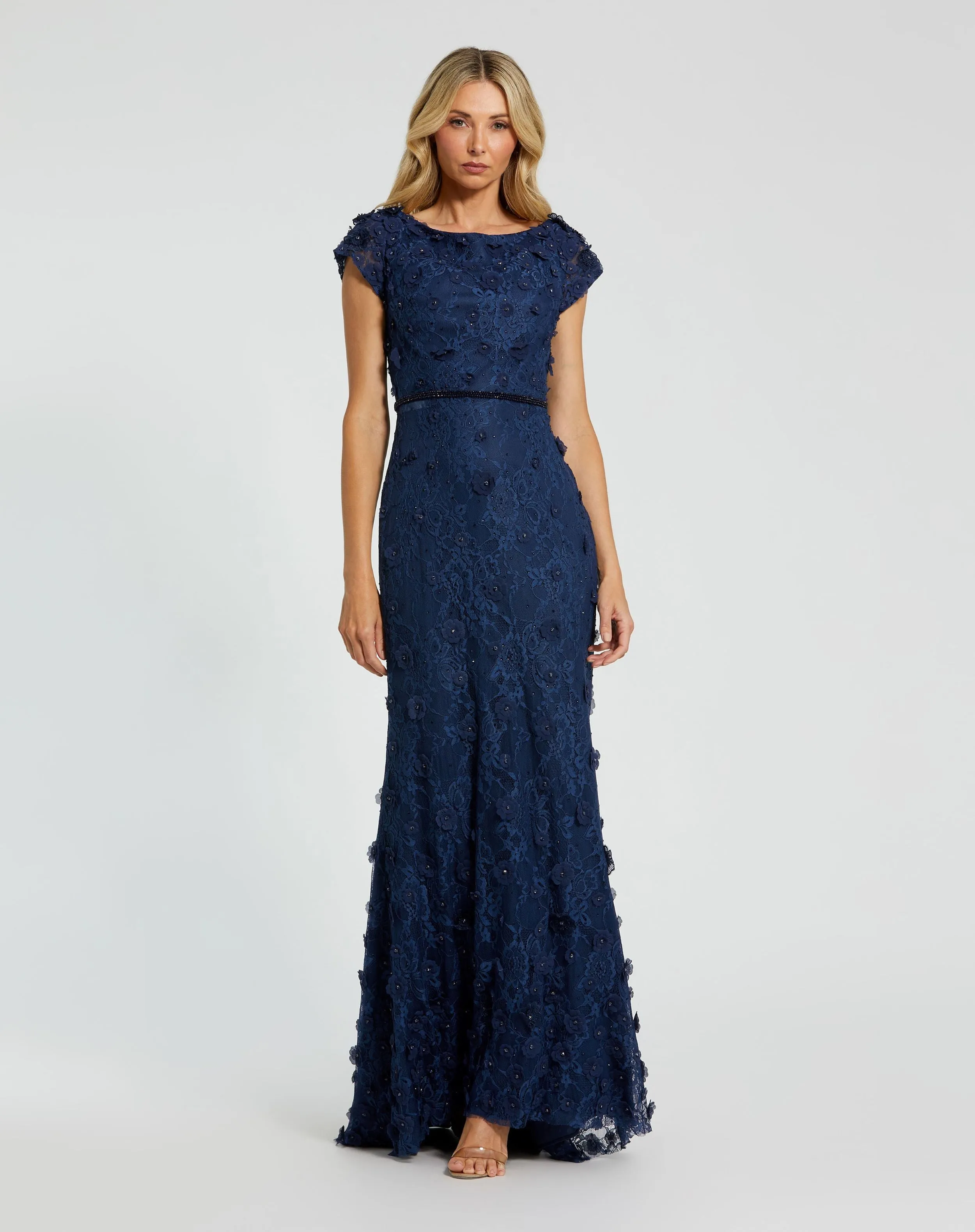 Navy Floral Applique Boat Neck Cap Sleeve Gown sold by Mac Duggal