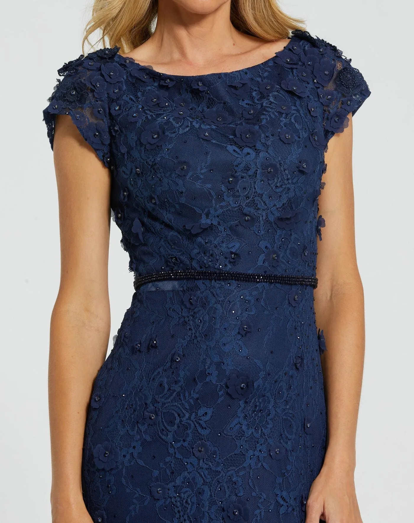 Navy Floral Applique Boat Neck Cap Sleeve Gown sold by Mac Duggal product image thumbnail 2
