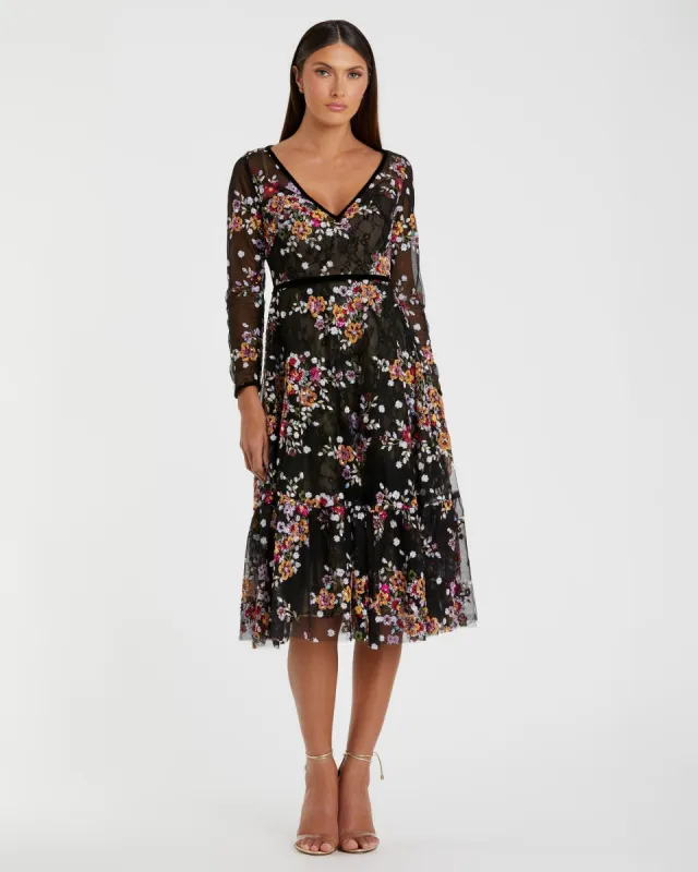 Black Floral Embroidered Tea Length Dress sold by Mac Duggal