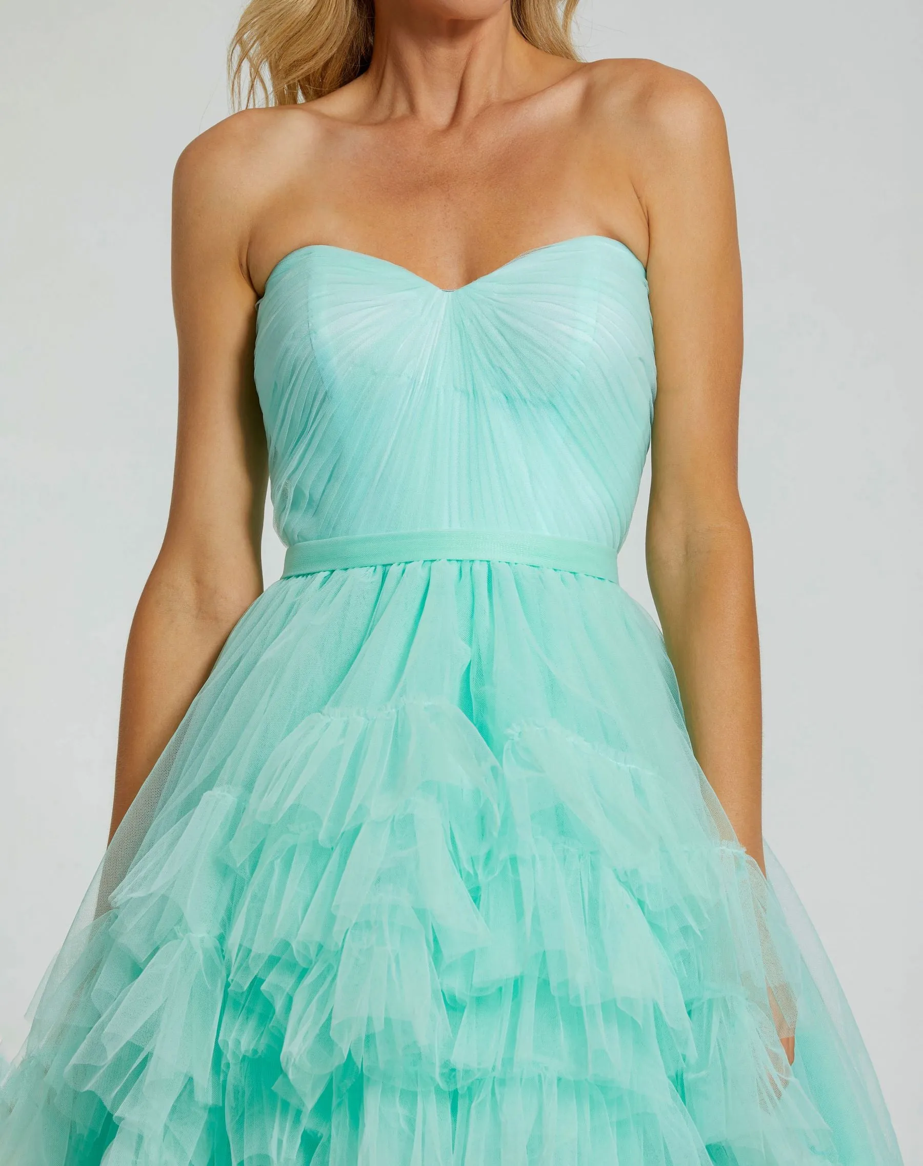 Green Strapless Ruched Sweetheart Ruffle High Low Gown sold by Mac Duggal product image thumbnail 2