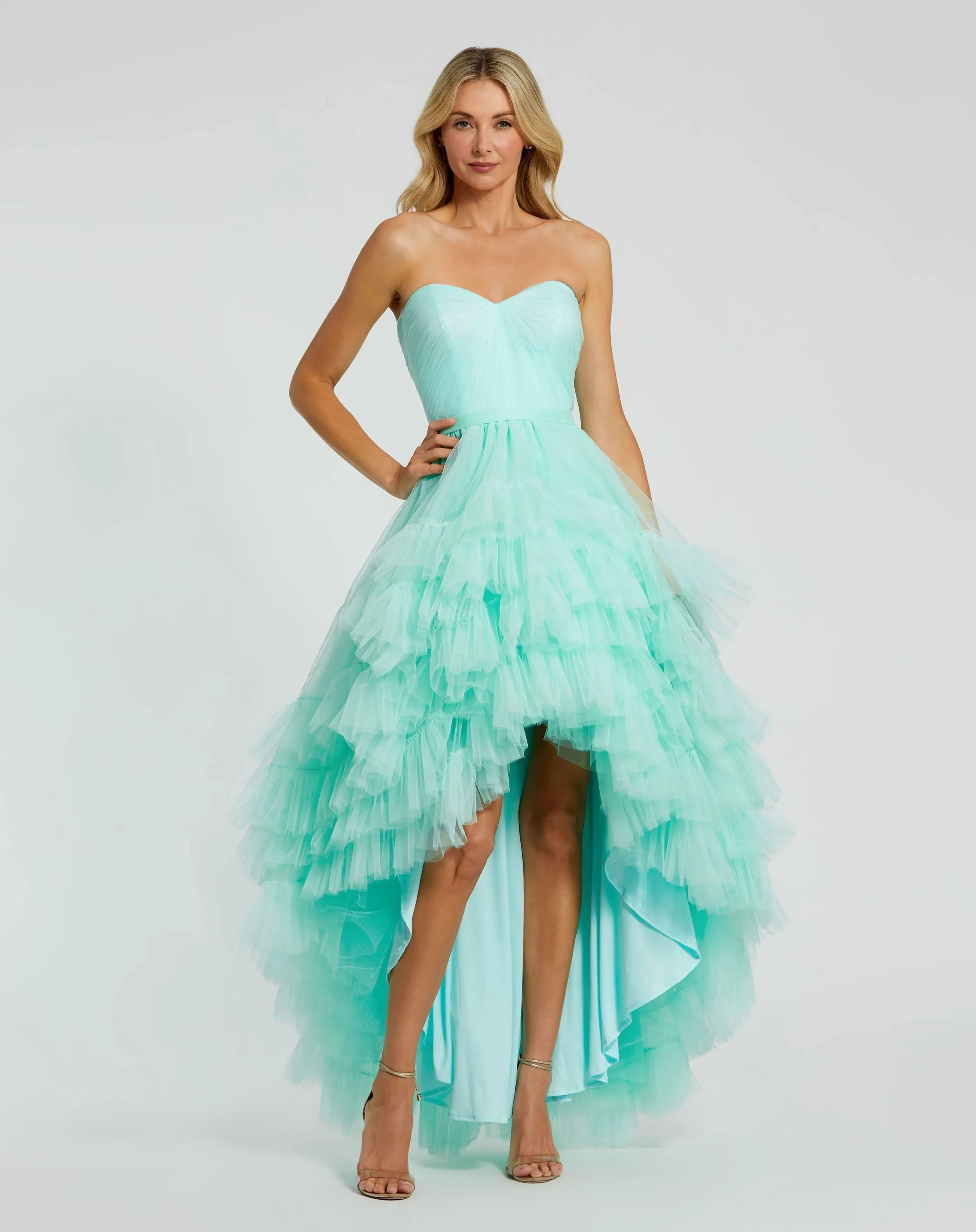 Green Strapless Ruched Sweetheart Ruffle High Low Gown sold by Mac Duggal