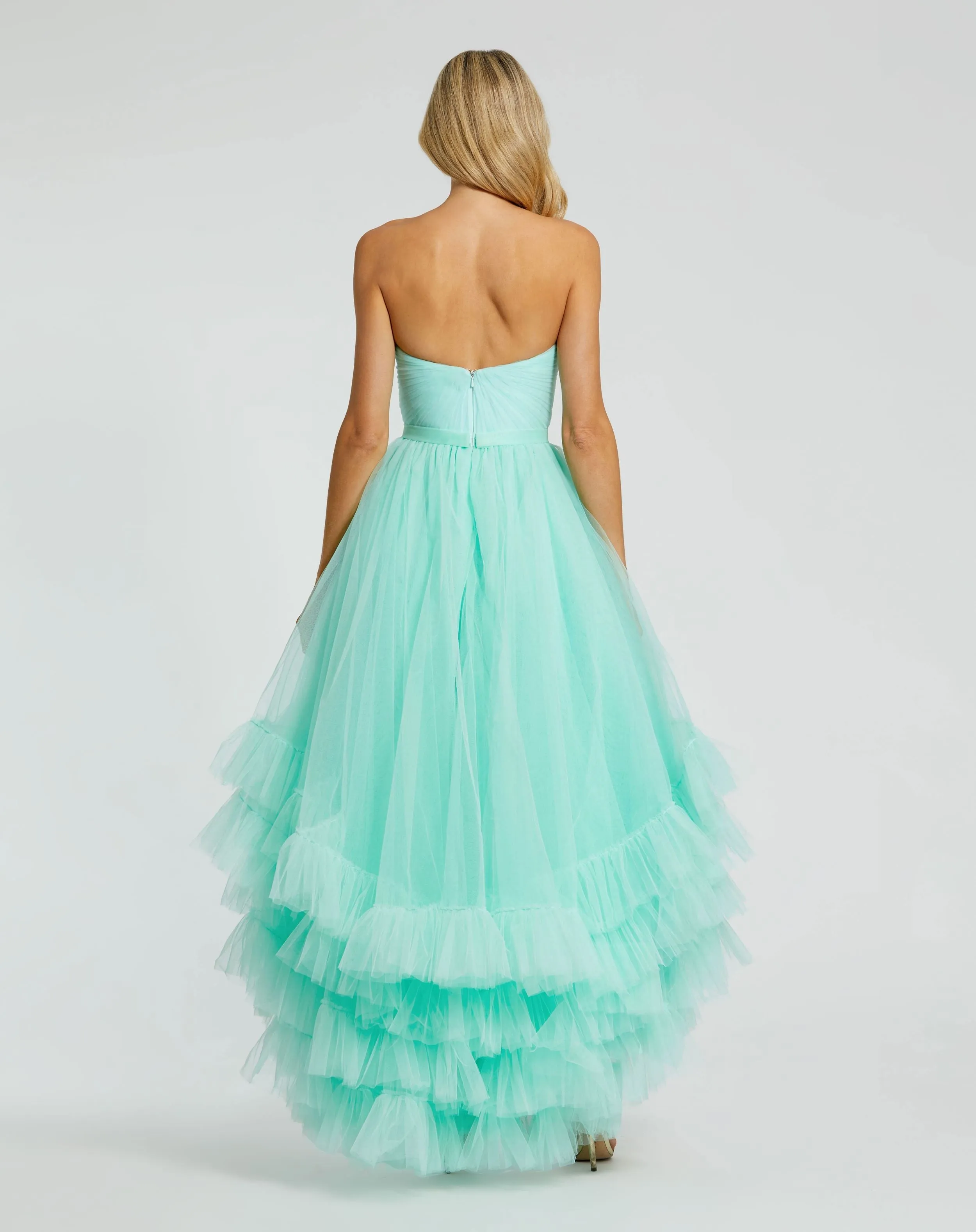 Green Strapless Ruched Sweetheart Ruffle High Low Gown sold by Mac Duggal product image thumbnail 3