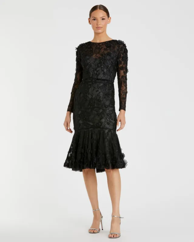 Black Floral Appliqué Long Sleeve Cocktail Dress sold by Mac Duggal