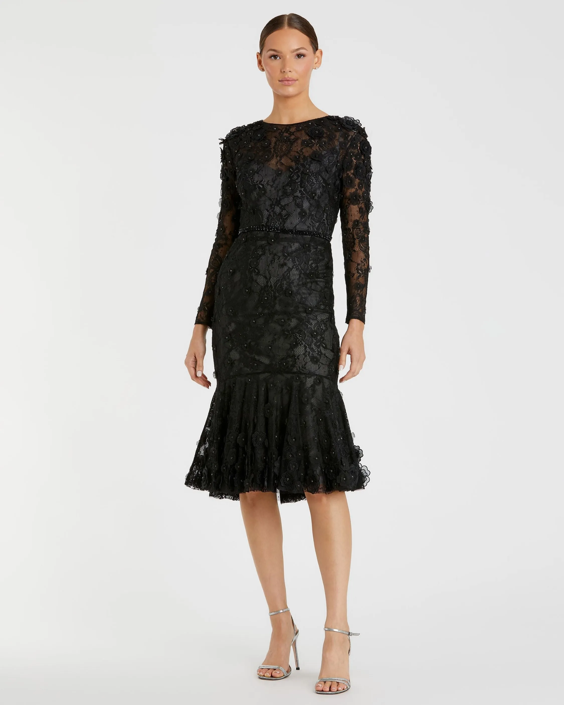 Black Floral Appliqué Long Sleeve Cocktail Dress sold by Mac Duggal