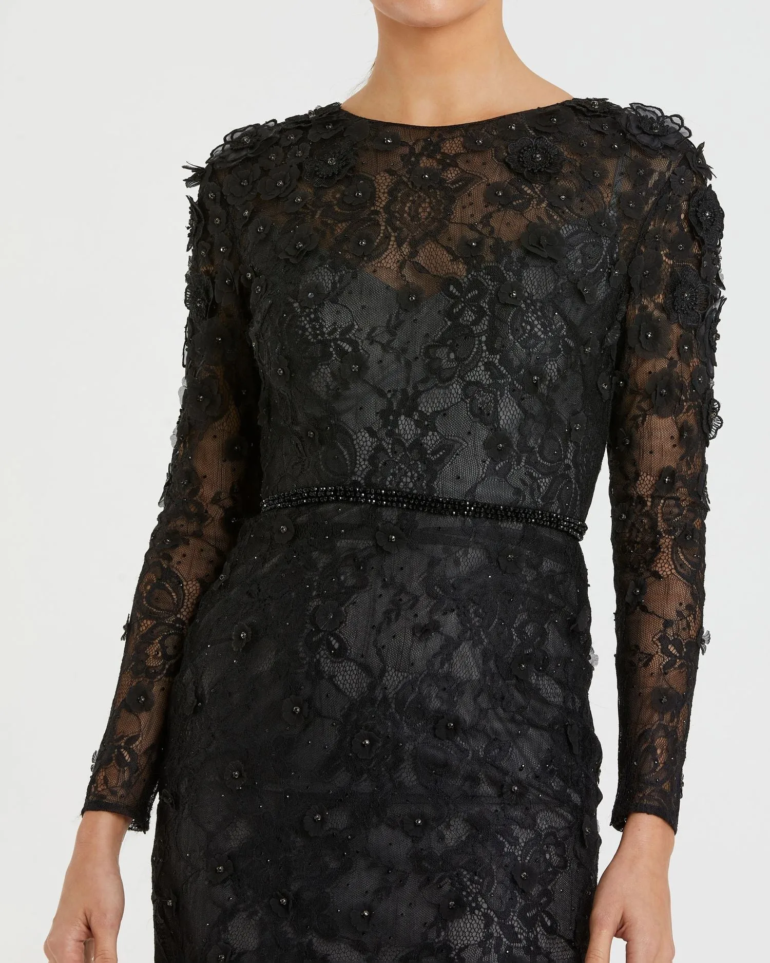 Black Floral Appliqué Long Sleeve Cocktail Dress sold by Mac Duggal product image thumbnail 2