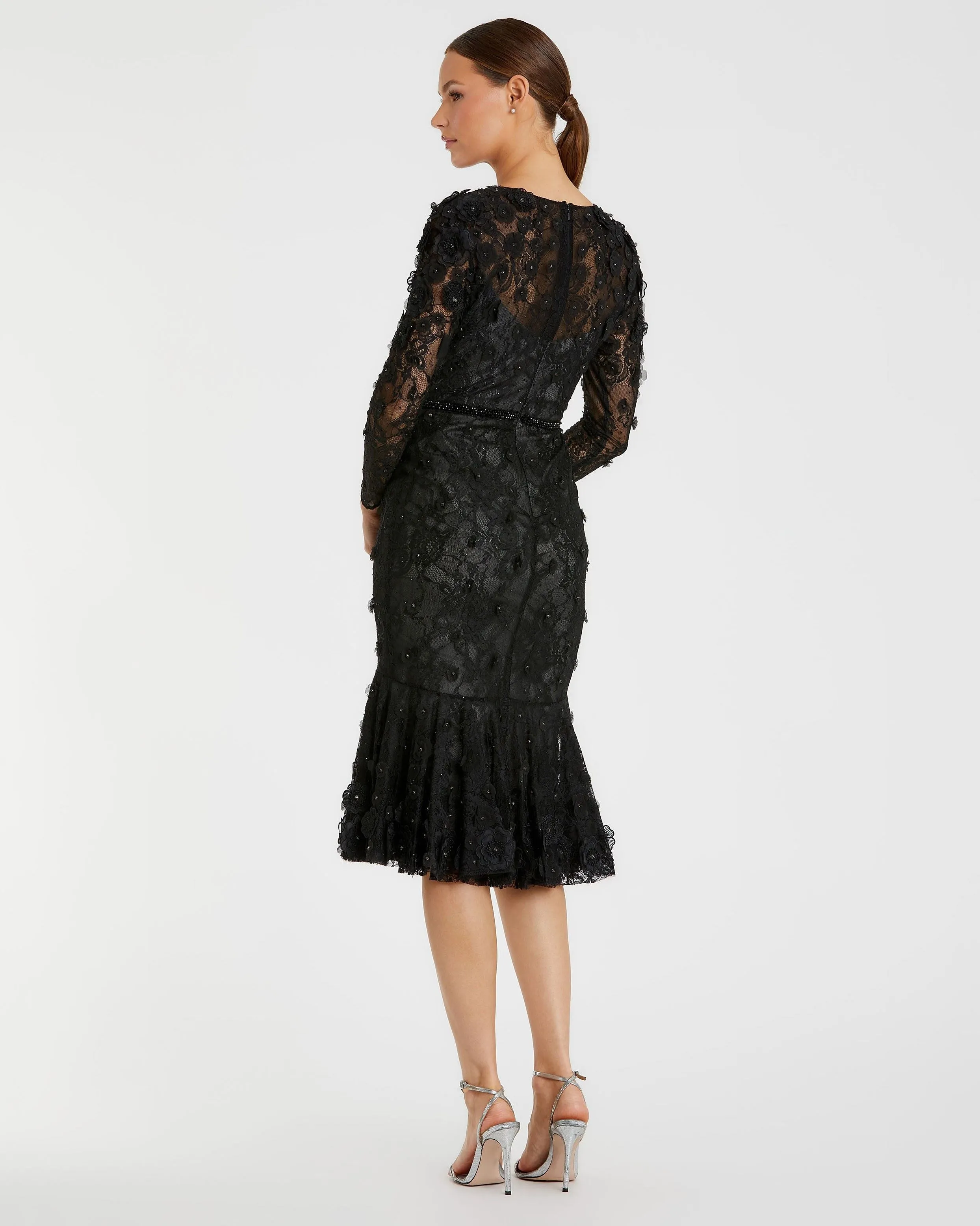 Black Floral Appliqué Long Sleeve Cocktail Dress sold by Mac Duggal product image thumbnail 3