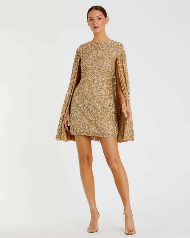 Gold Sequined Cape Sleeve Mini Dress sold by Mac Duggal