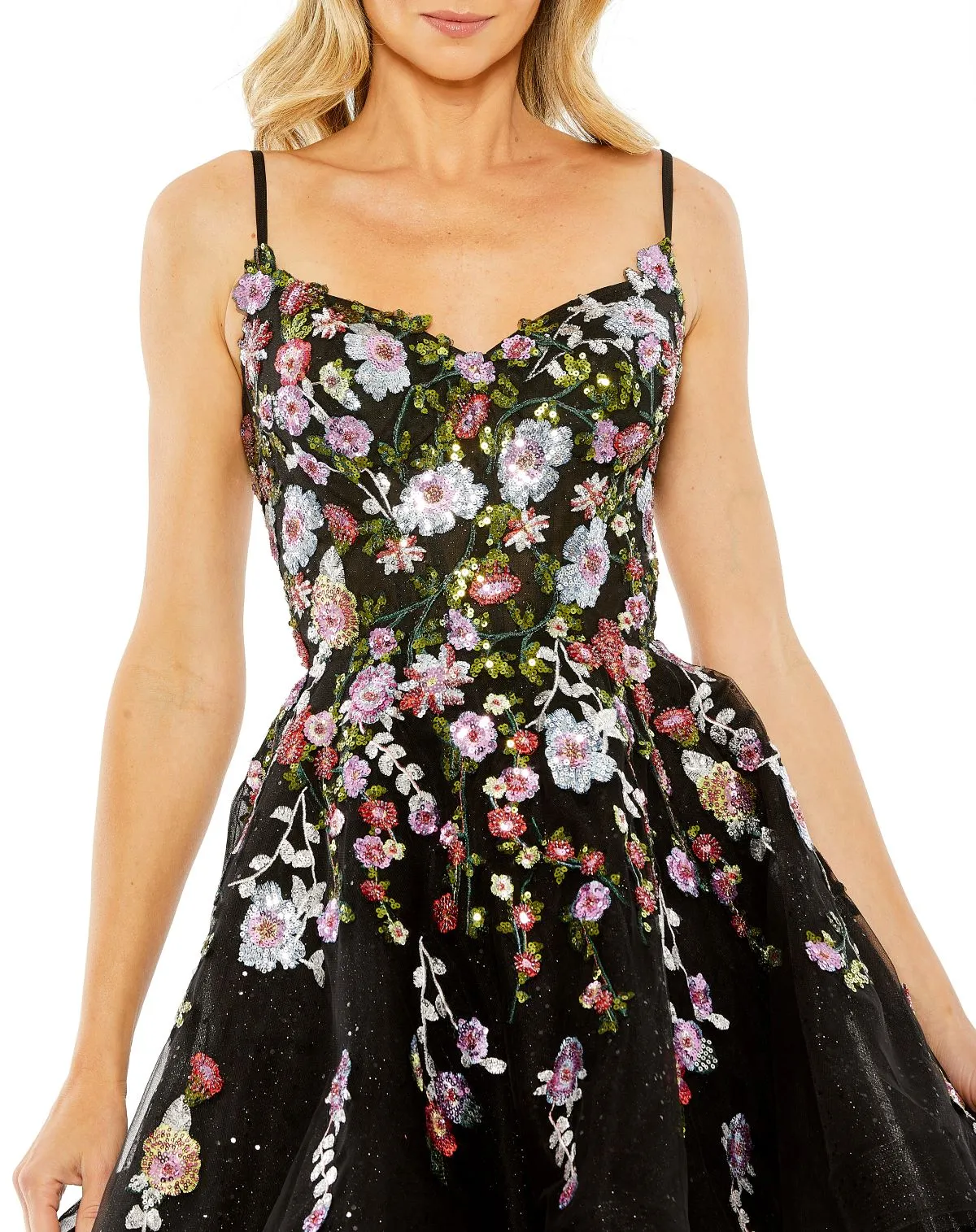 Black Thin Strap Floral Embroidered Mini Dress sold by Mac Duggal product image thumbnail 3