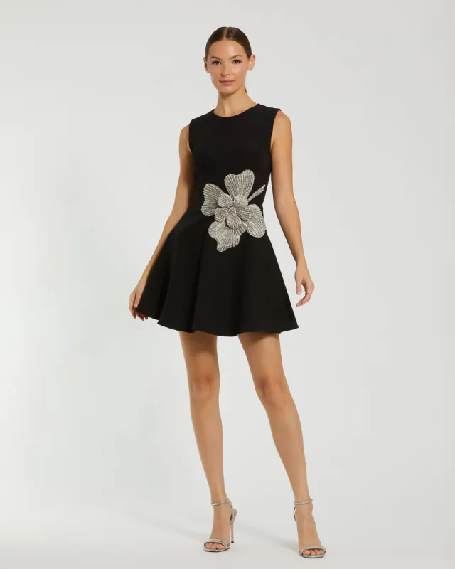 Black Sleeveless Crepe Mini Dress With Rhinestone Flower sold by Mac Duggal