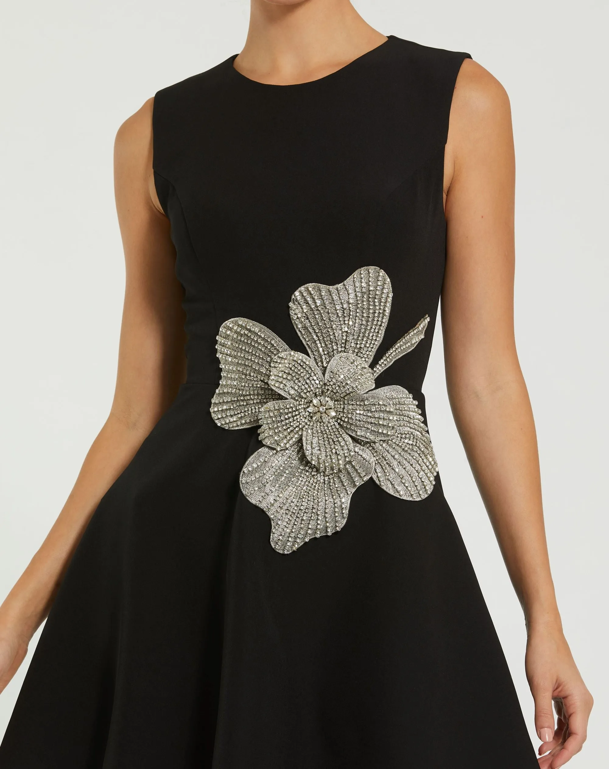 Black Sleeveless Crepe Mini Dress With Rhinestone Flower sold by Mac Duggal product image thumbnail 2