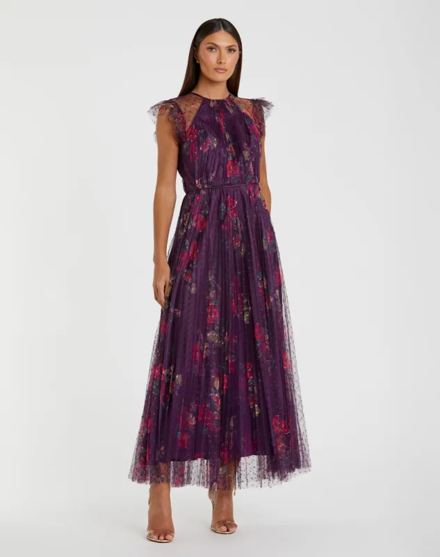 Purple Floral Flutter Sleeve Midi Dress sold by Mac Duggal