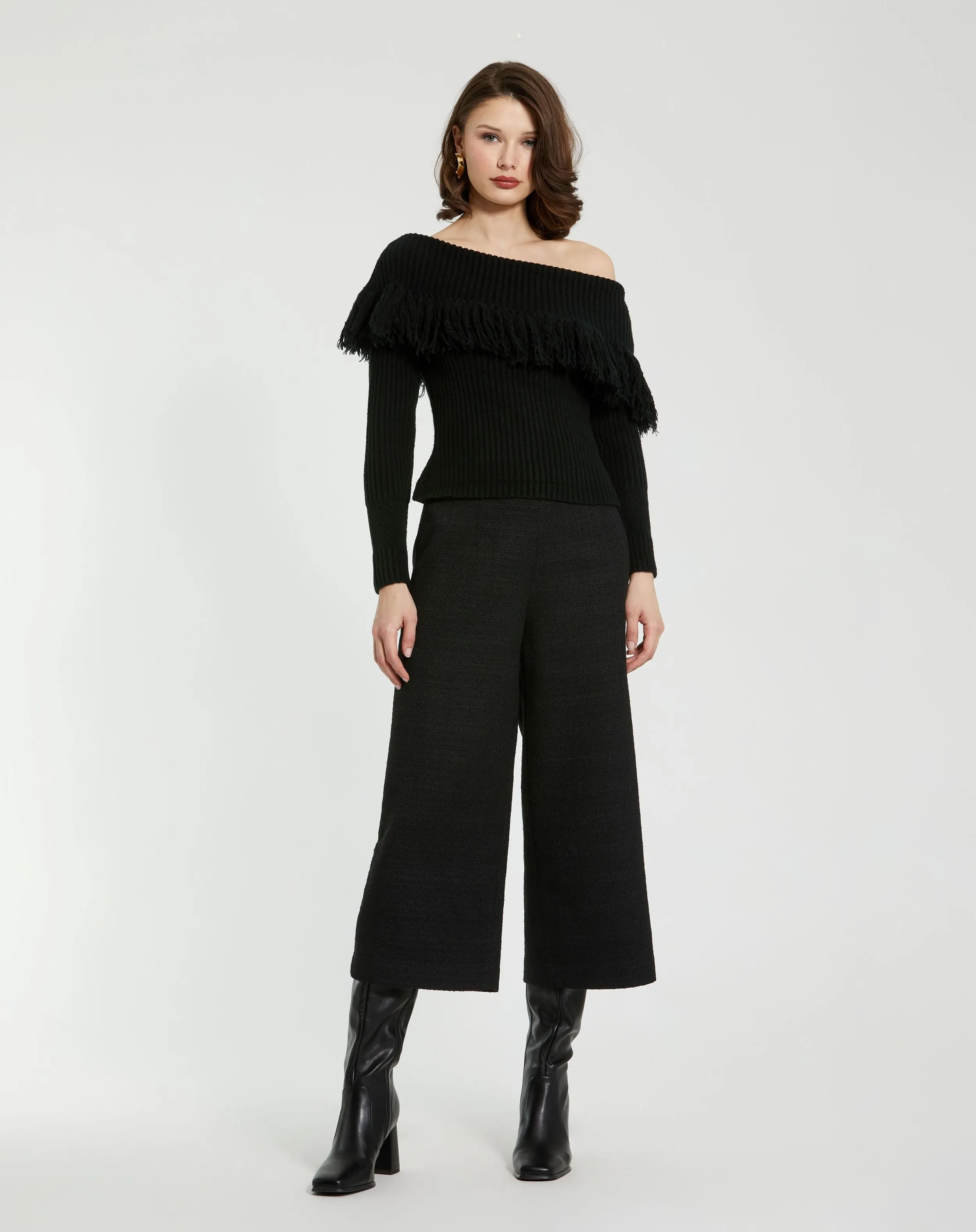 Black Off The Shoulder Fringe Knit Sweater sold by Mac Duggal product image thumbnail 4