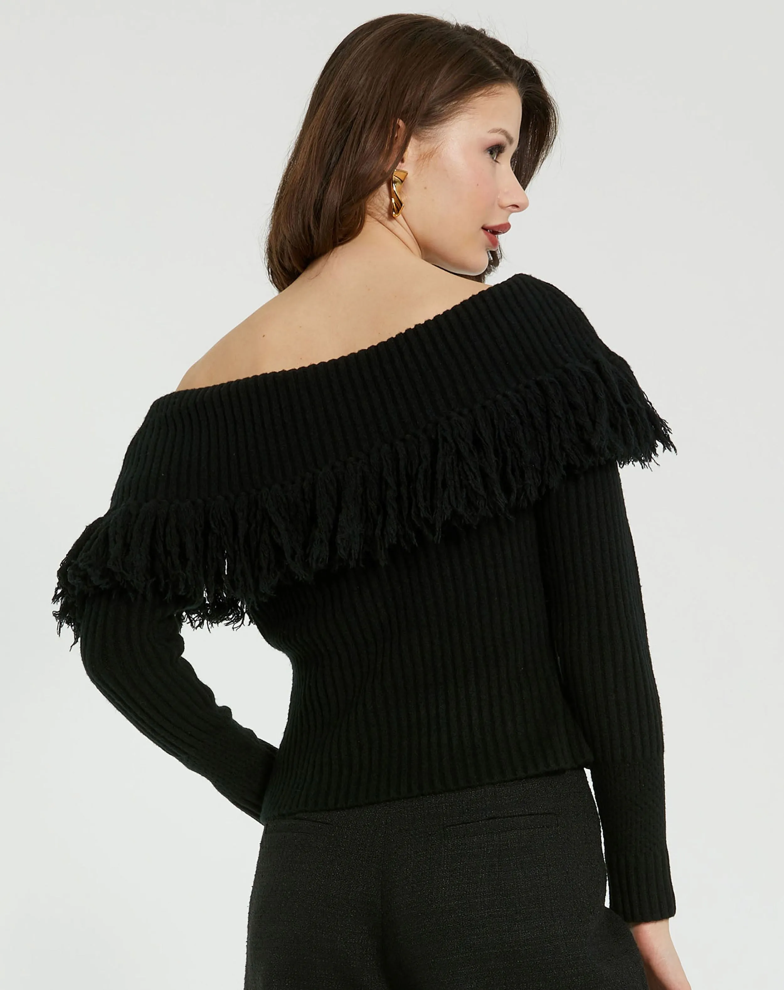 Black Off The Shoulder Fringe Knit Sweater sold by Mac Duggal product image thumbnail 3