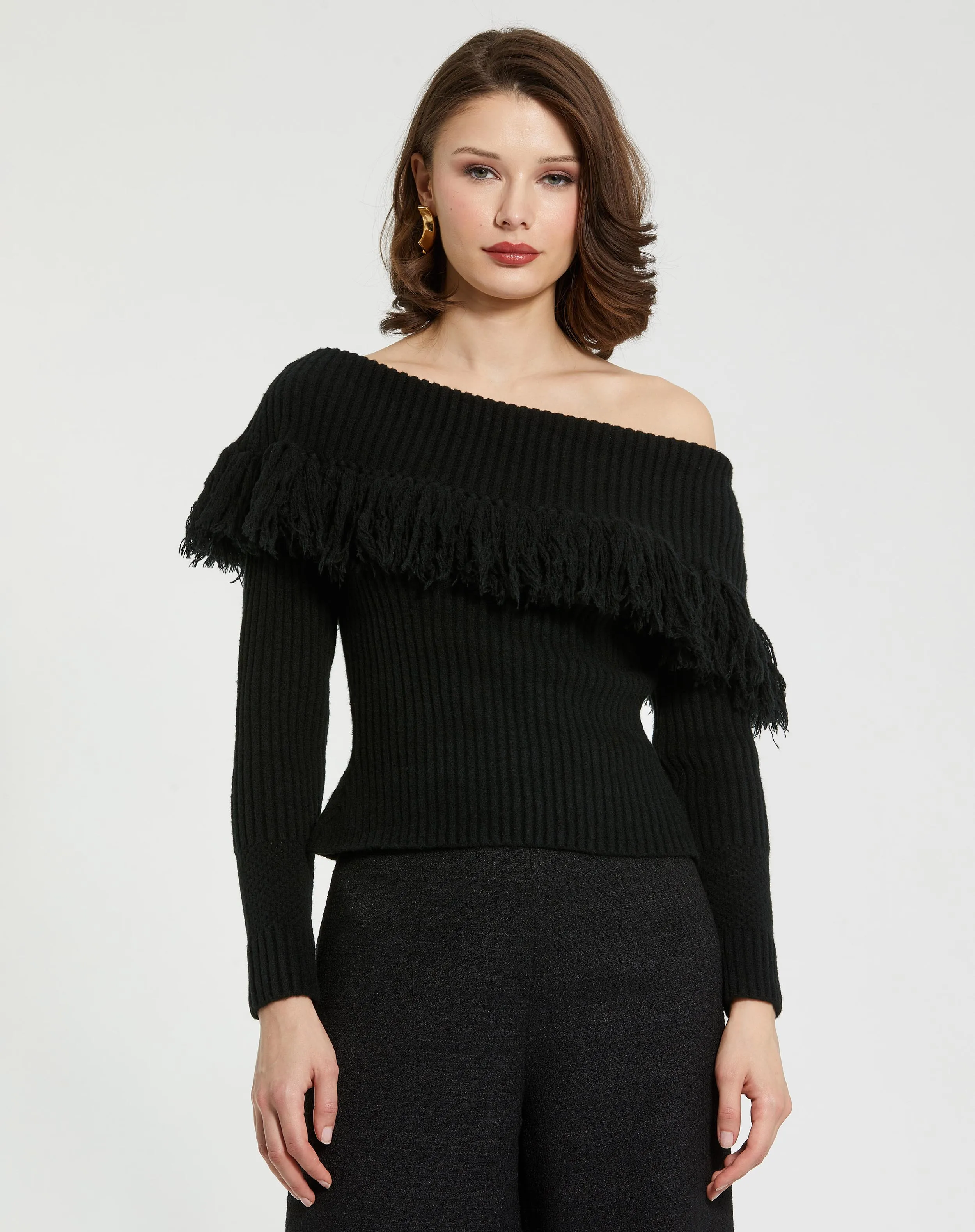 Black Off The Shoulder Fringe Knit Sweater sold by Mac Duggal