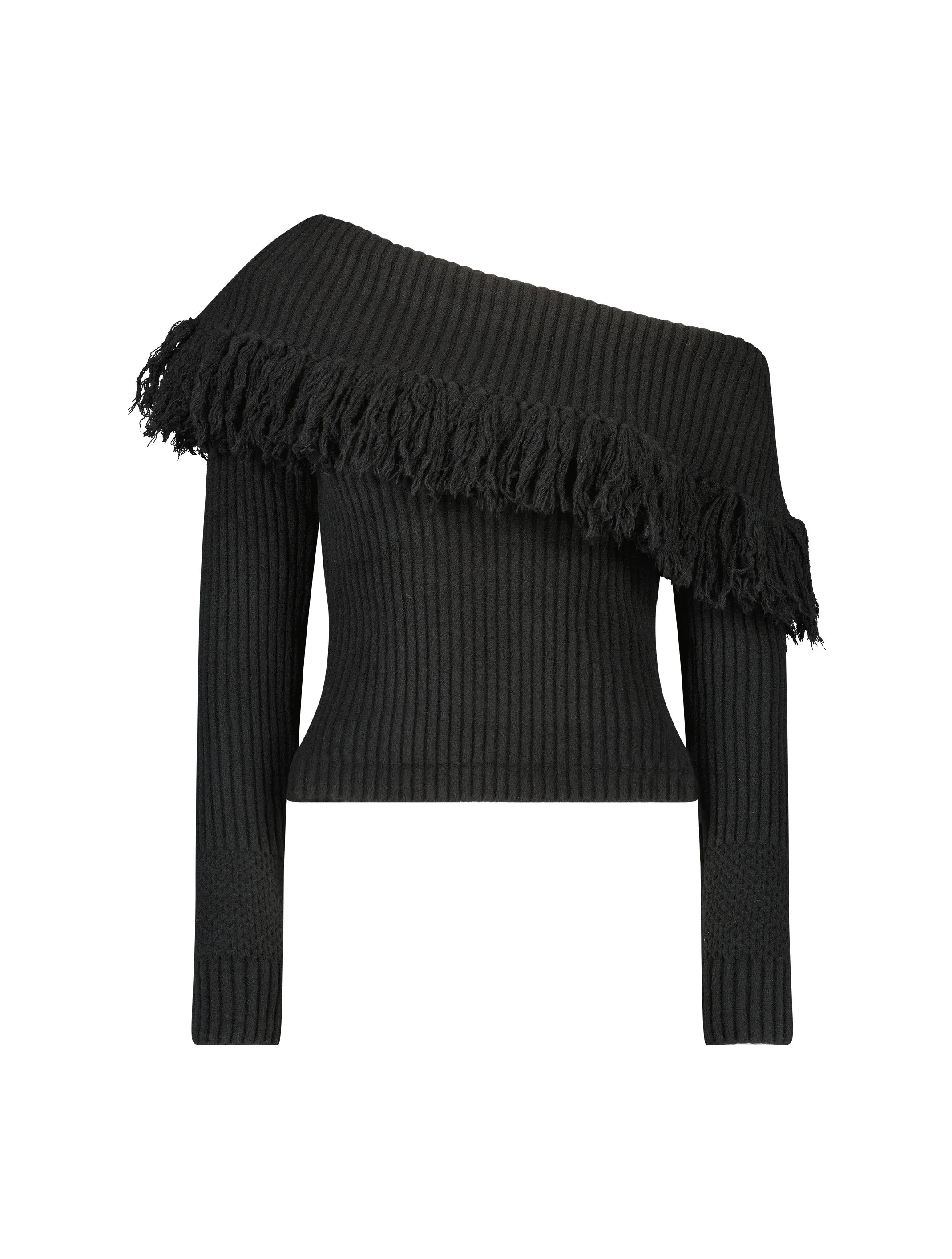 Black Off The Shoulder Fringe Knit Sweater sold by Mac Duggal product image thumbnail 2