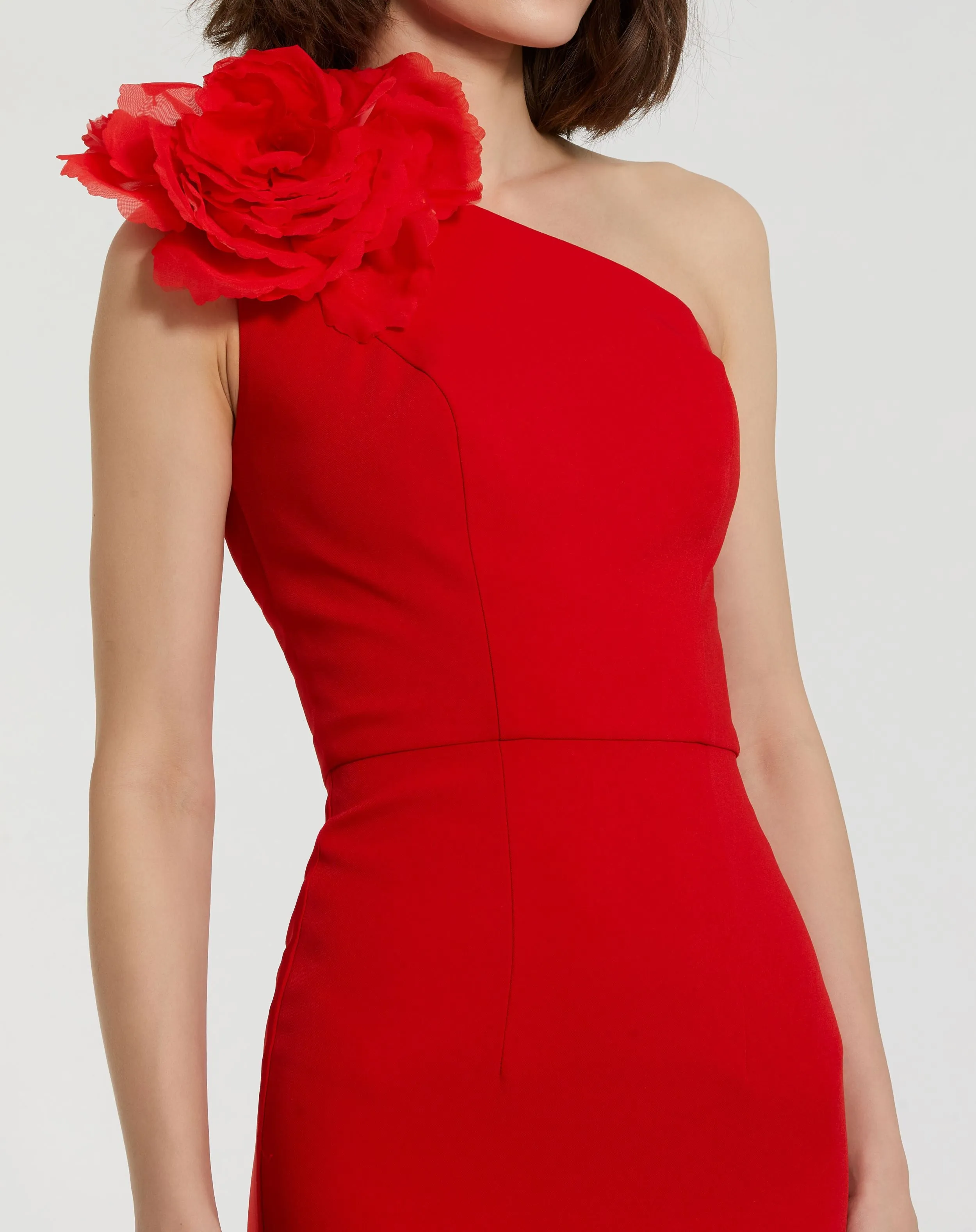 Red Crepe One Shoulder Midi Dress With Flower sold by Mac Duggal product image thumbnail 3