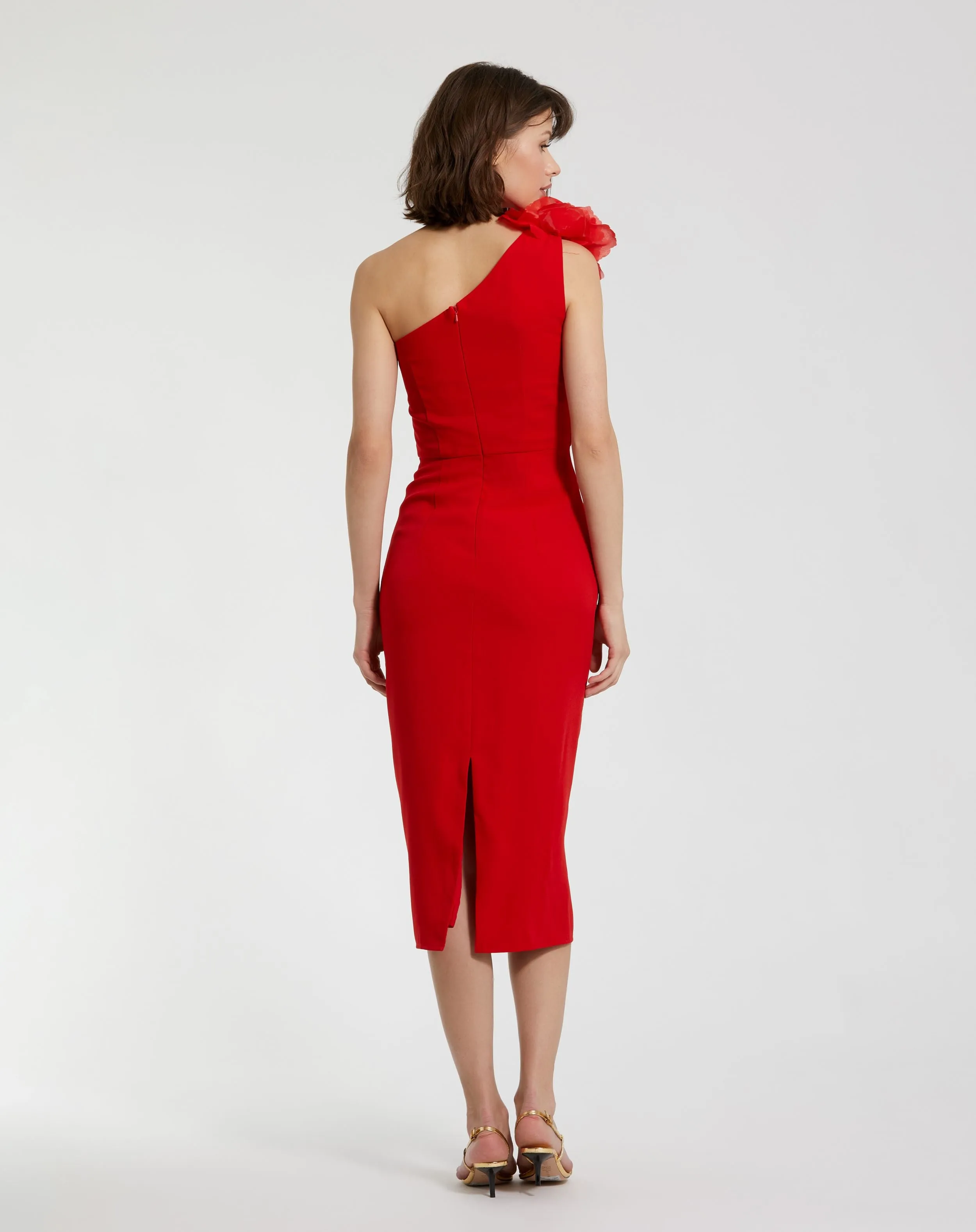 Red Crepe One Shoulder Midi Dress With Flower sold by Mac Duggal product image thumbnail 4