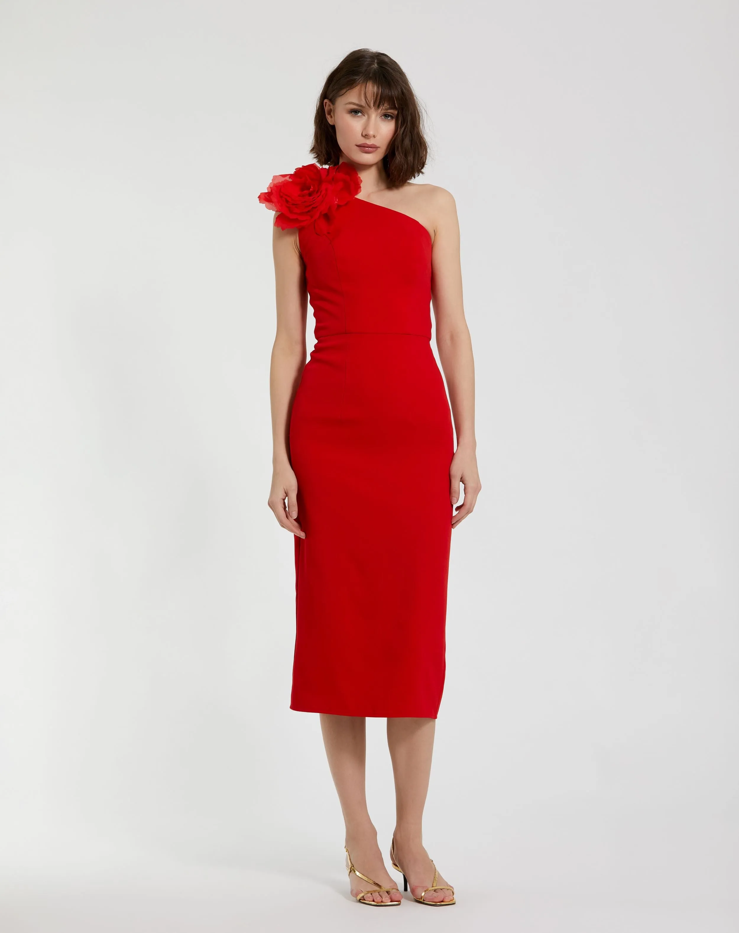 Red Crepe One Shoulder Midi Dress With Flower sold by Mac Duggal