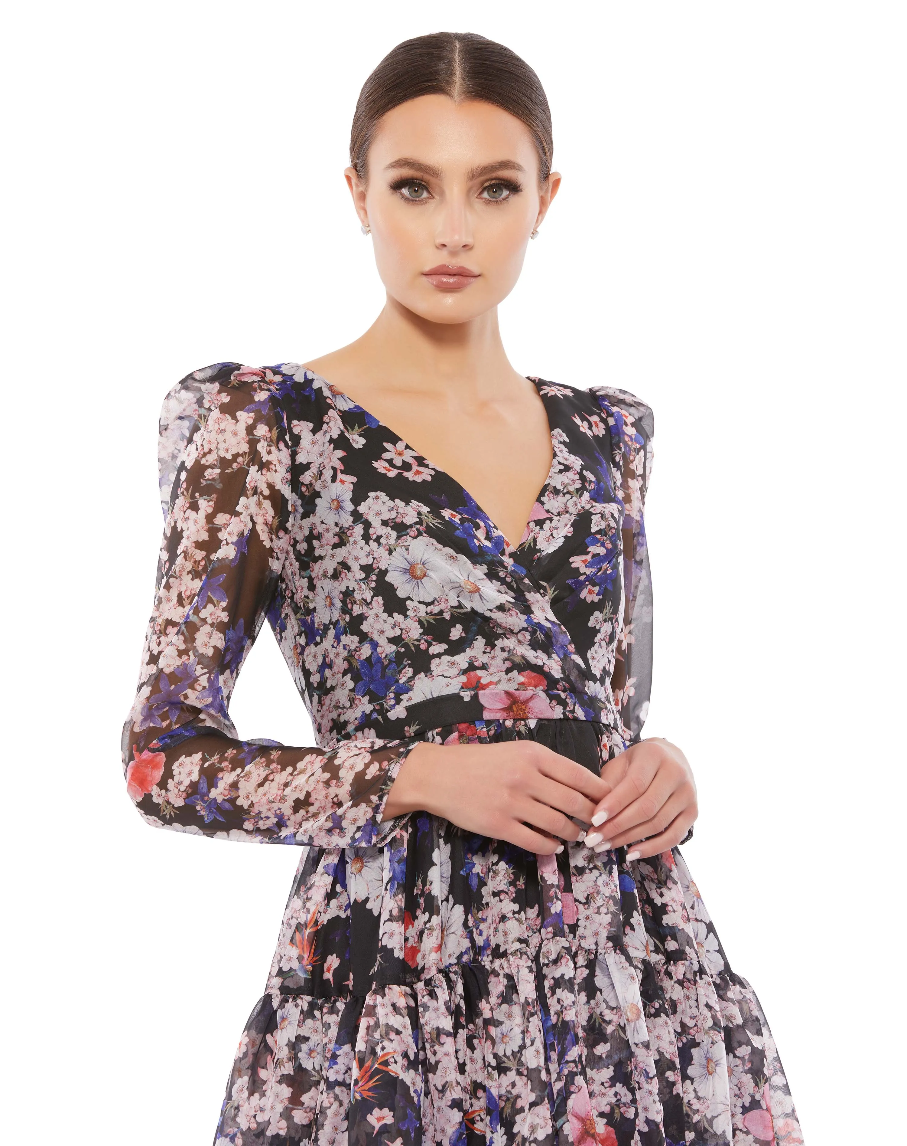 Black Floral Print Faux Wrap Long Sleeve Mini Dress - FINAL SALE sold by Mac Duggal product image thumbnail 2