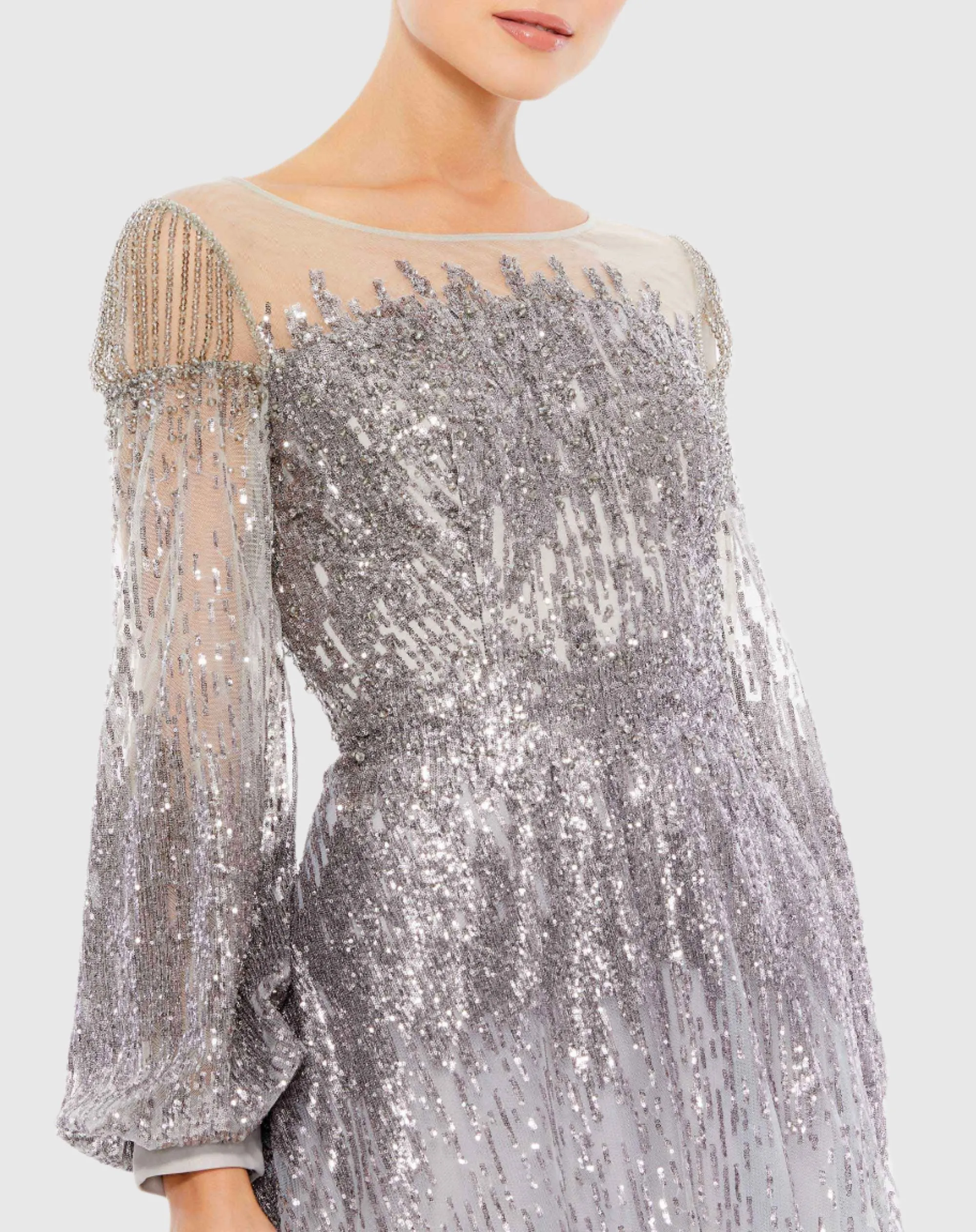 Silver Jewel Encrusted Illusion Long Sleeve A Line Gown sold by Mac Duggal product image thumbnail 5