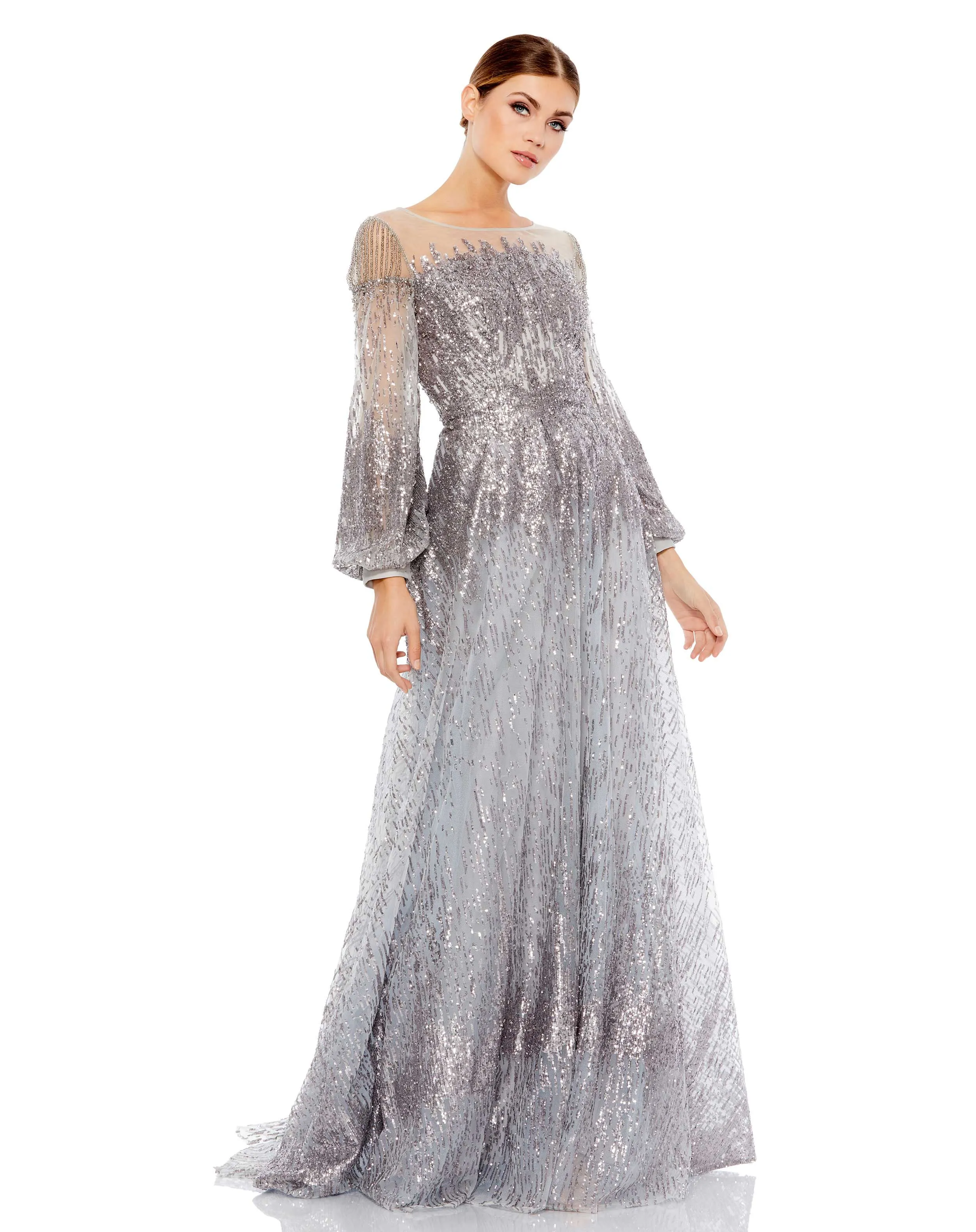 Silver Jewel Encrusted Illusion Long Sleeve A Line Gown sold by Mac Duggal product image thumbnail 4