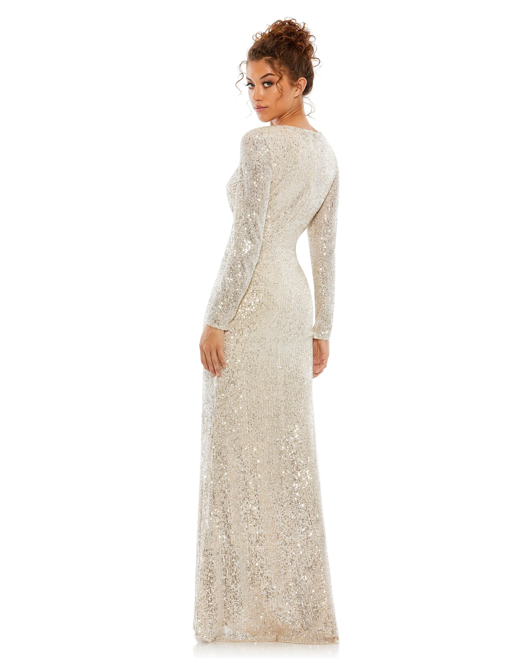 Beige Sequined Faux Wrap Long Sleeve Column Gown sold by Mac Duggal product image thumbnail 3