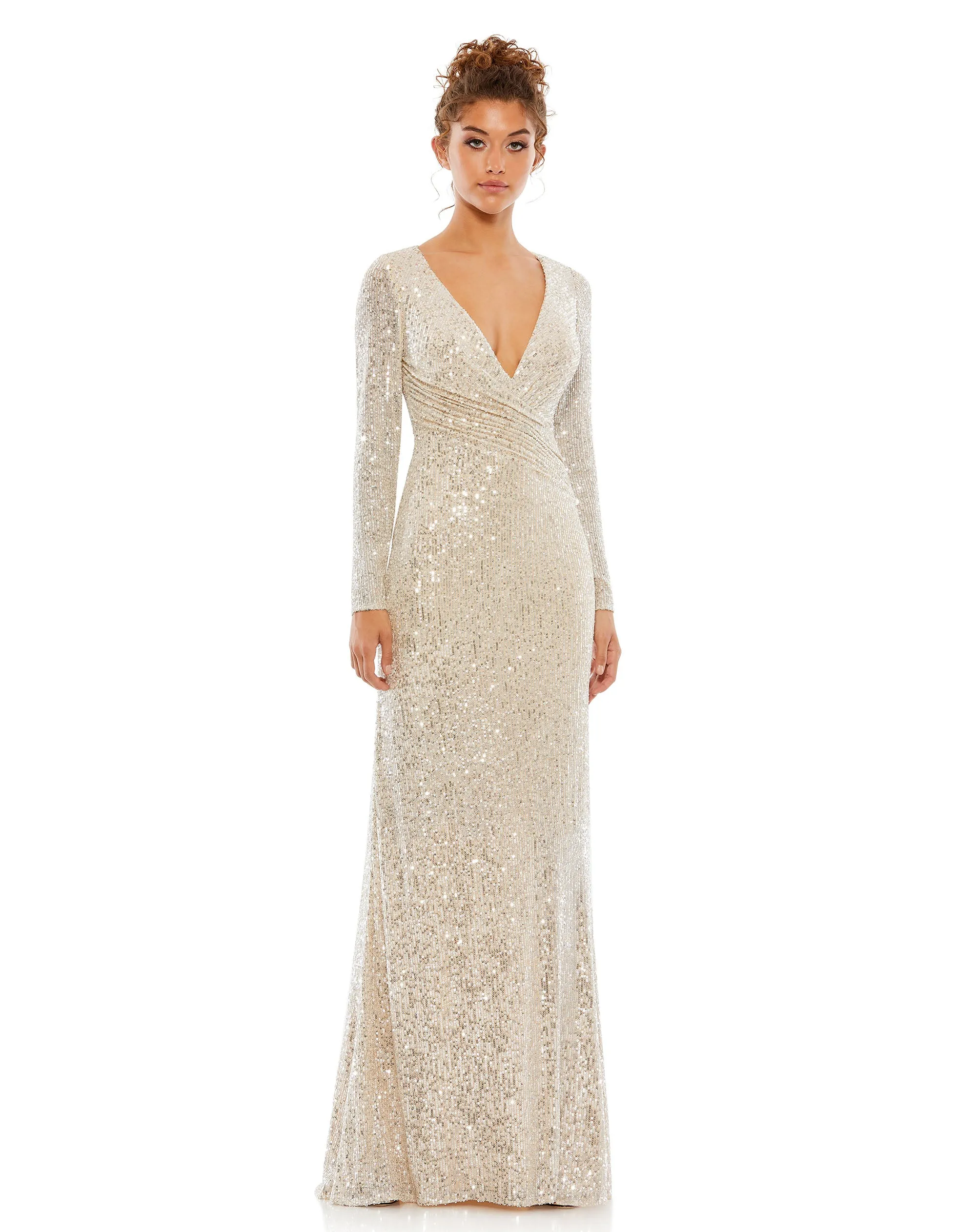 Beige Sequined Faux Wrap Long Sleeve Column Gown sold by Mac Duggal