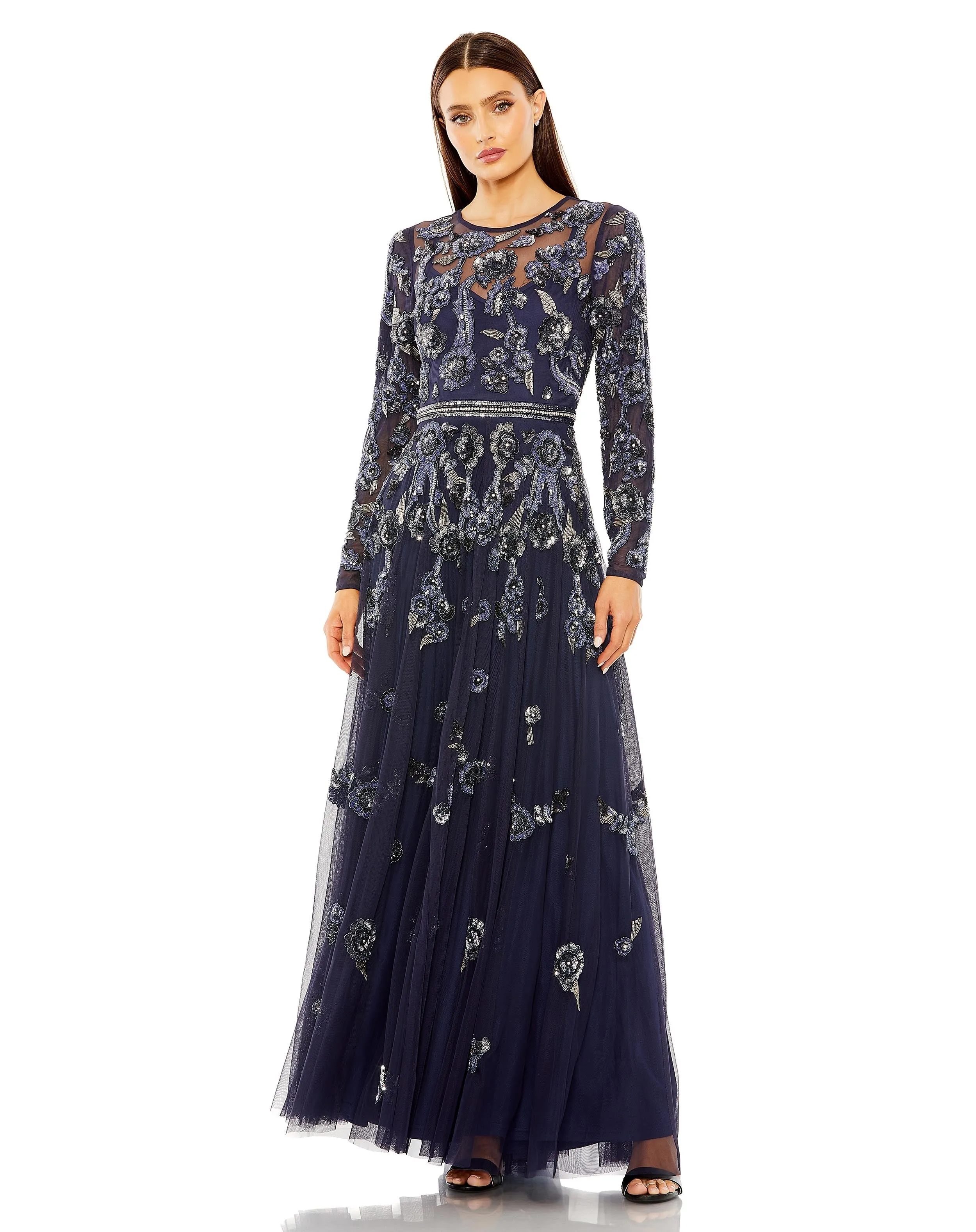 Navy Long Sleeve High Neck Floral Beaded A-line Mesh Gown sold by Mac Duggal