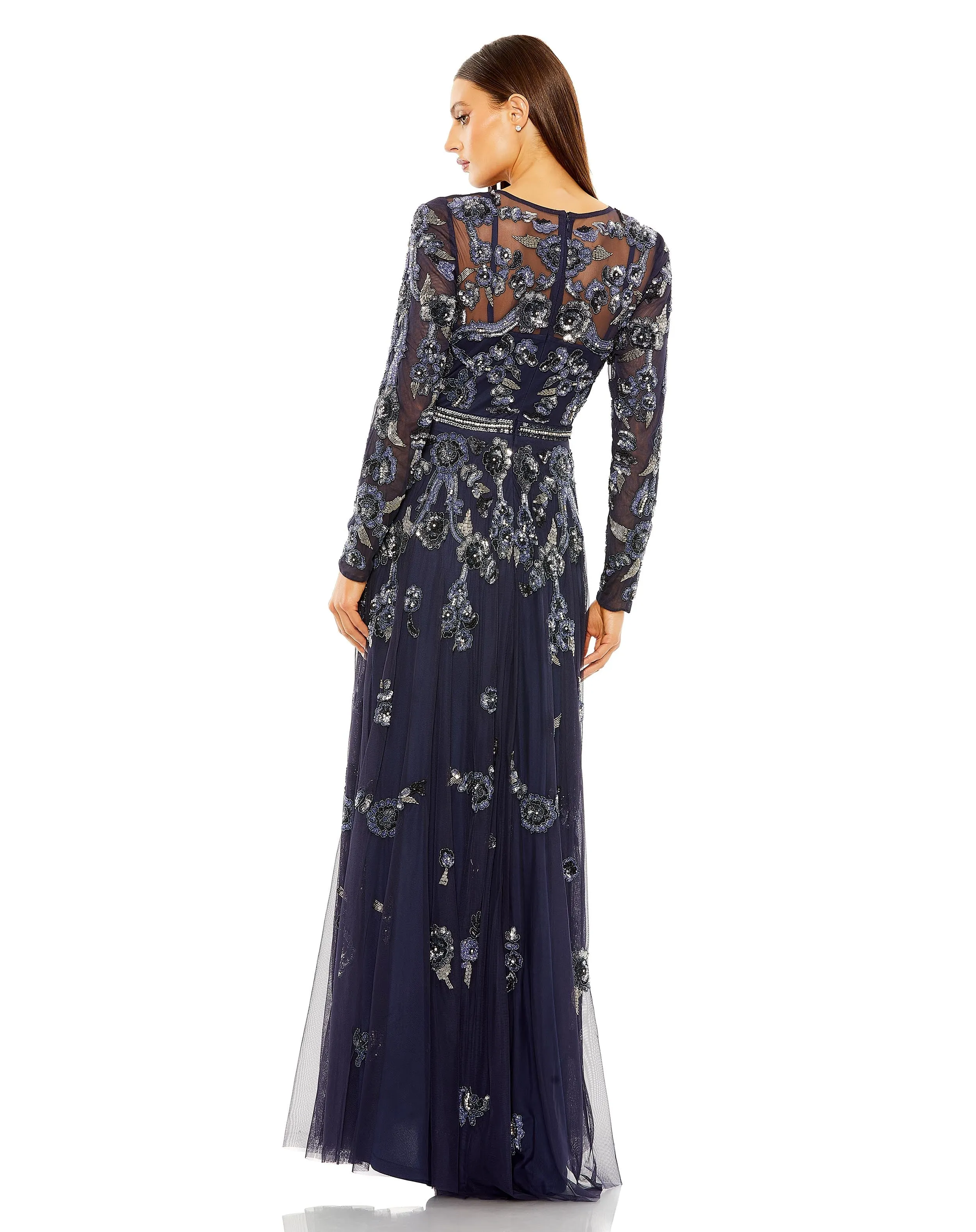 Navy Long Sleeve High Neck Floral Beaded A-line Mesh Gown sold by Mac Duggal product image thumbnail 3