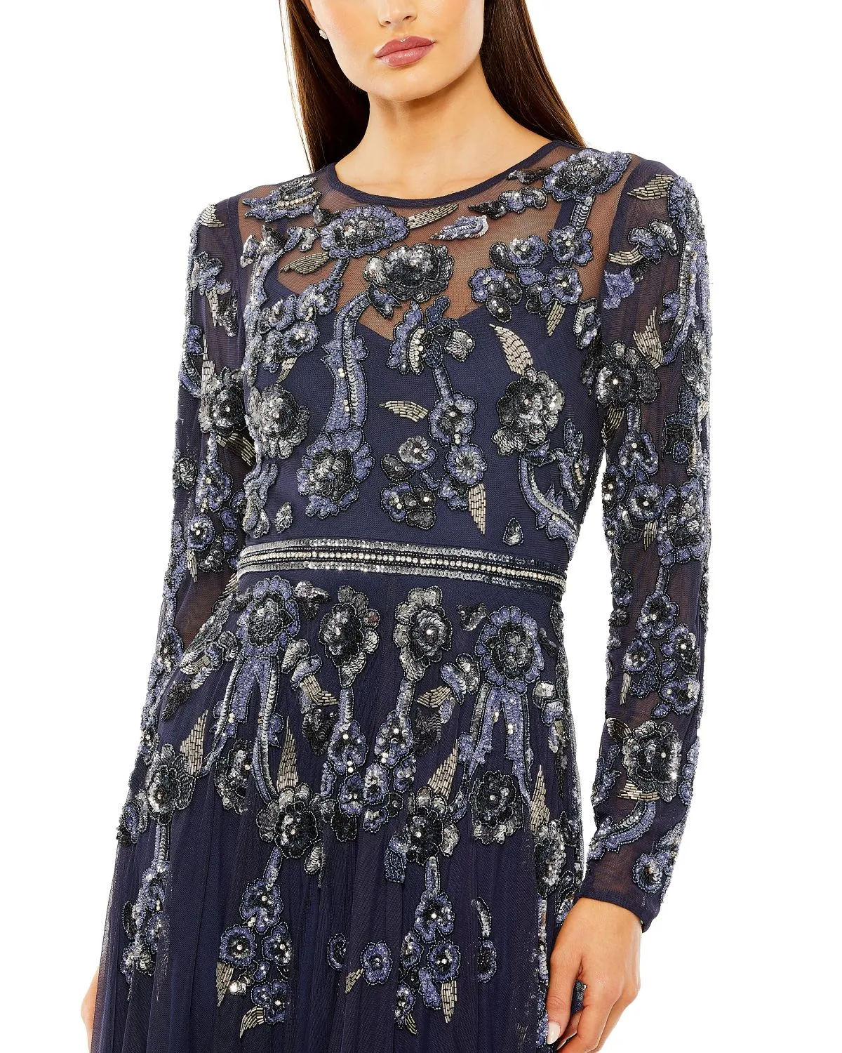 Navy Long Sleeve High Neck Floral Beaded A-line Mesh Gown sold by Mac Duggal product image thumbnail 2