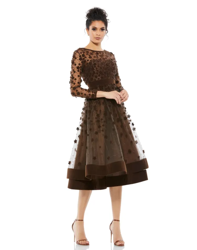 Embellished Illusion High Neck Long Sleeve Fit & Flare Dress sold by Mac Duggal