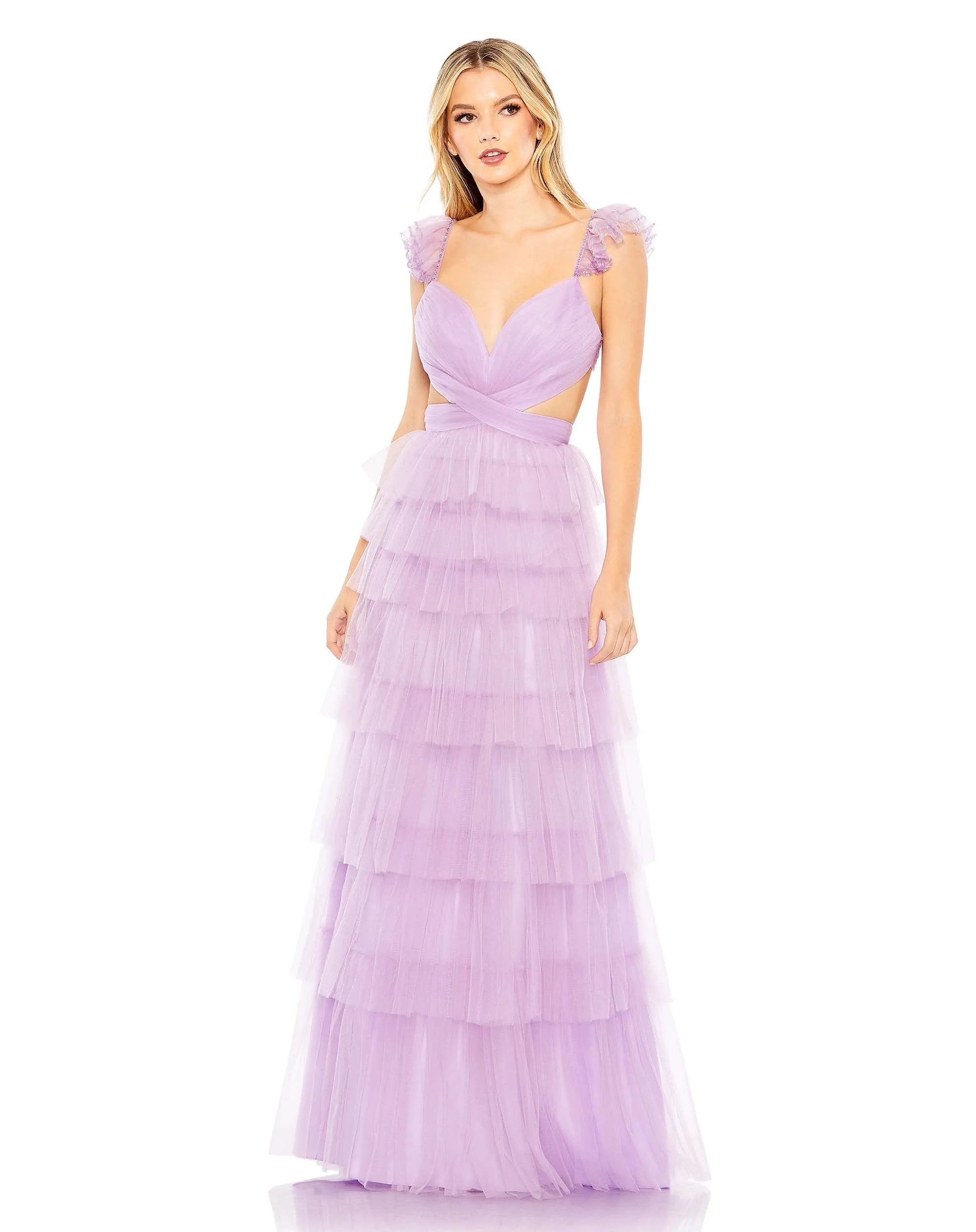 Purple Ruffle Tiered Tulle Cut Out Gown sold by Mac Duggal