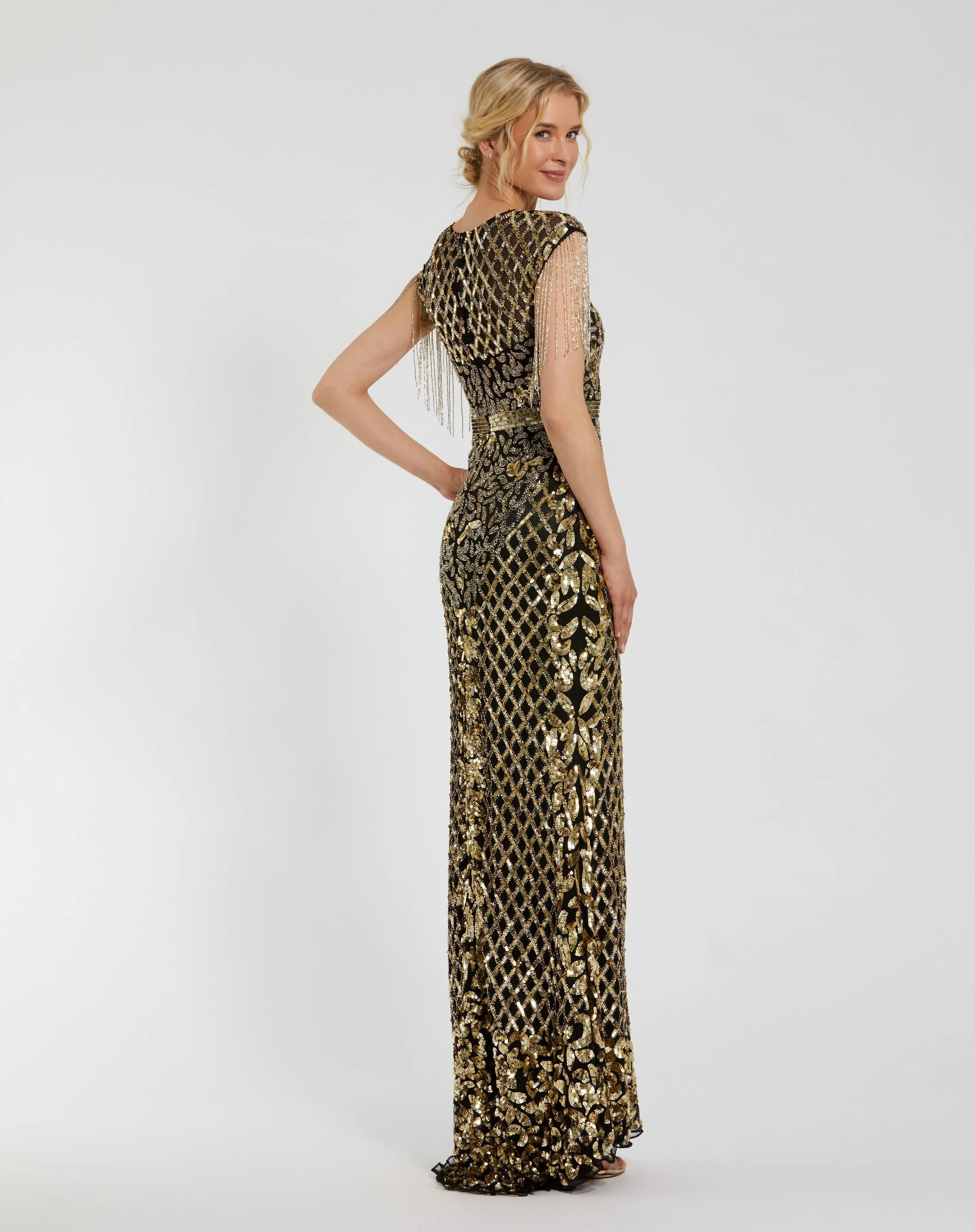 Black High Neck Beaded Fringe Fitted Gown sold by Mac Duggal product image thumbnail 3
