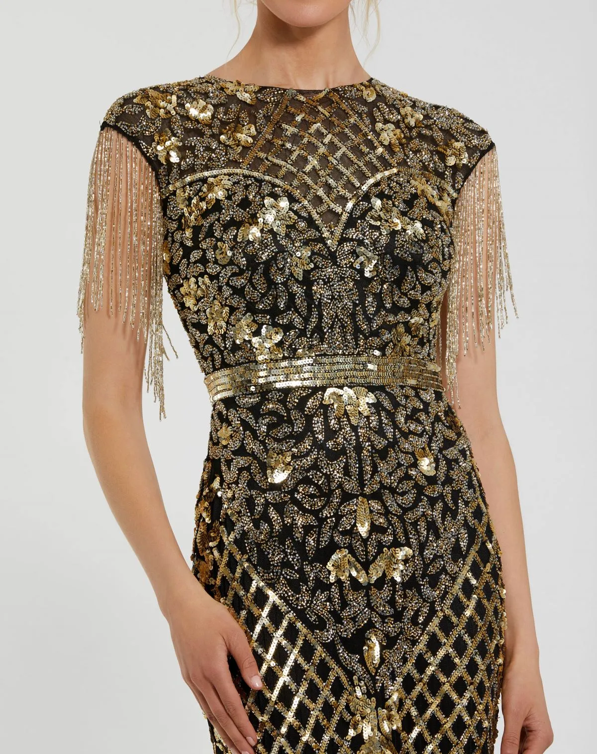 Black High Neck Beaded Fringe Fitted Gown sold by Mac Duggal product image thumbnail 2