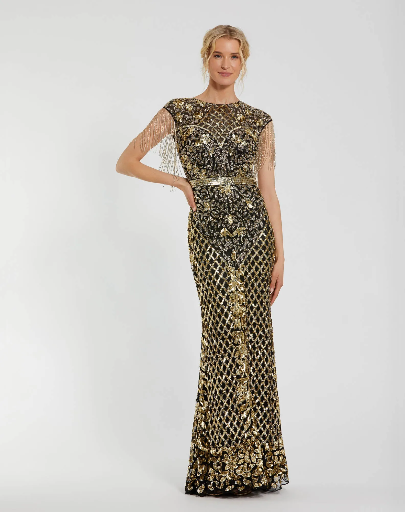 Black High Neck Beaded Fringe Fitted Gown sold by Mac Duggal