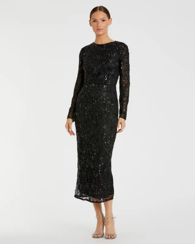 Black High Neck Long Sleeve Embellished Dress sold by Mac Duggal