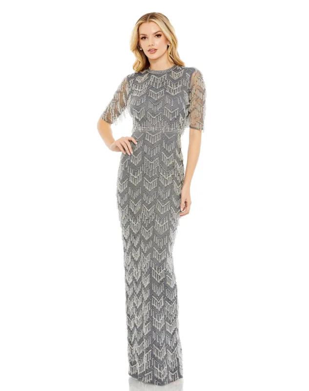 Gray Beaded Fringe Quarter Sleeve Column Gown sold by Mac Duggal