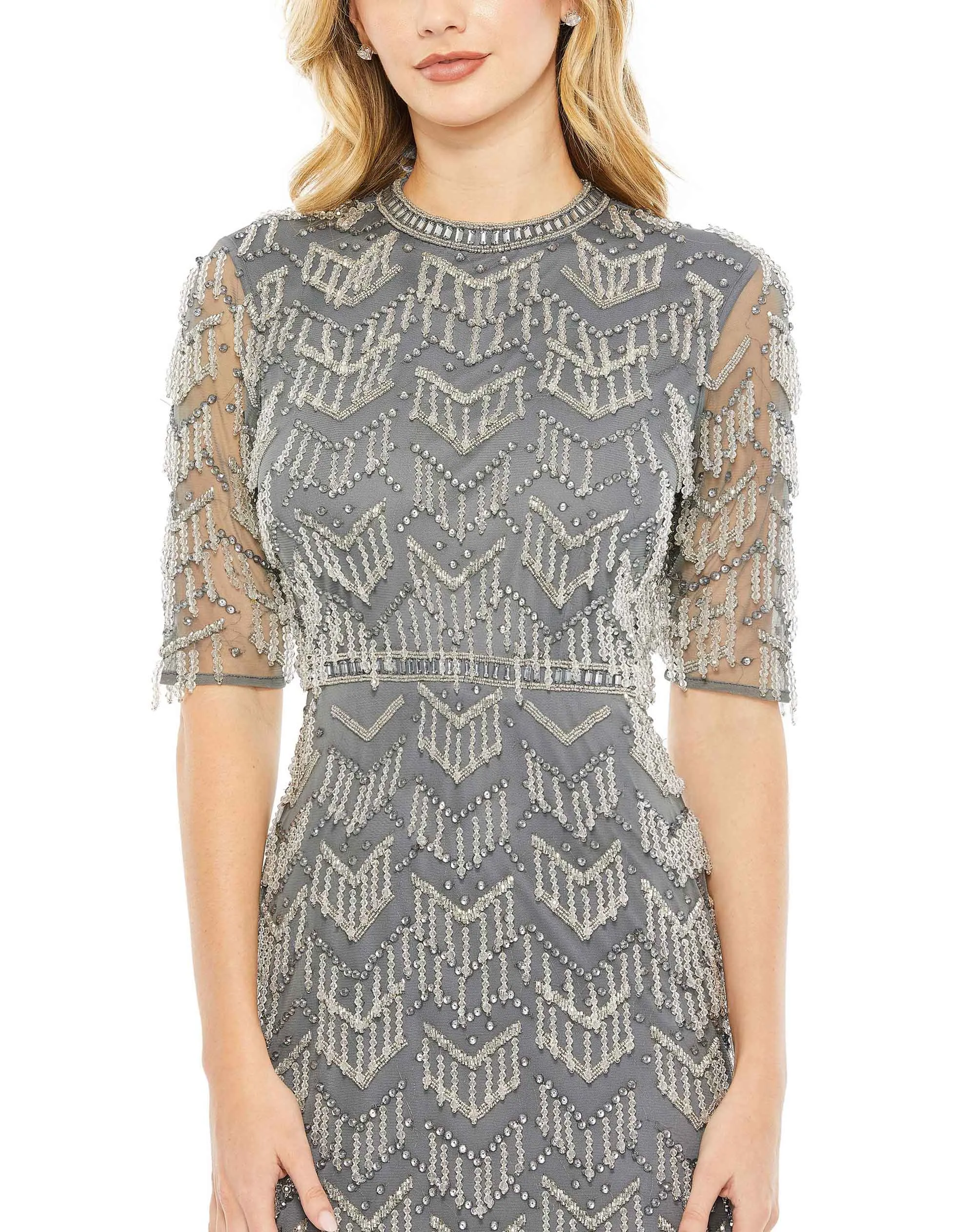 Gray Beaded Fringe Quarter Sleeve Column Gown - FINAL SALE sold by Mac Duggal product image thumbnail 2