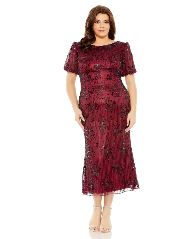 Red High Neck Puff Sleeve Embellished Dress sold by Mac Duggal
