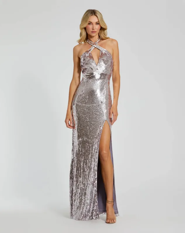 Crossover Halter Neck Embellished Gown with Slit | Sample | Sz. 2 sold by Mac Duggal