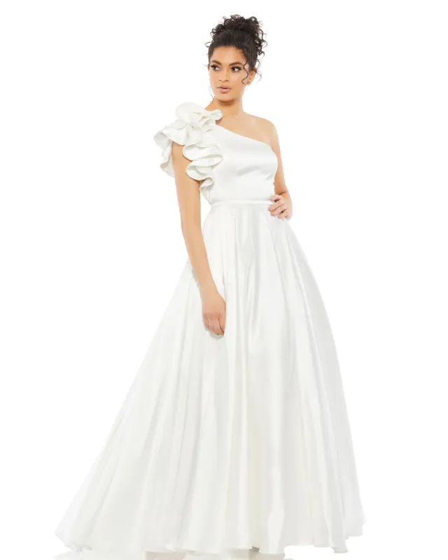 White Satin Ruffle Sleeve Ball Gown - FINAL SALE sold by Mac Duggal