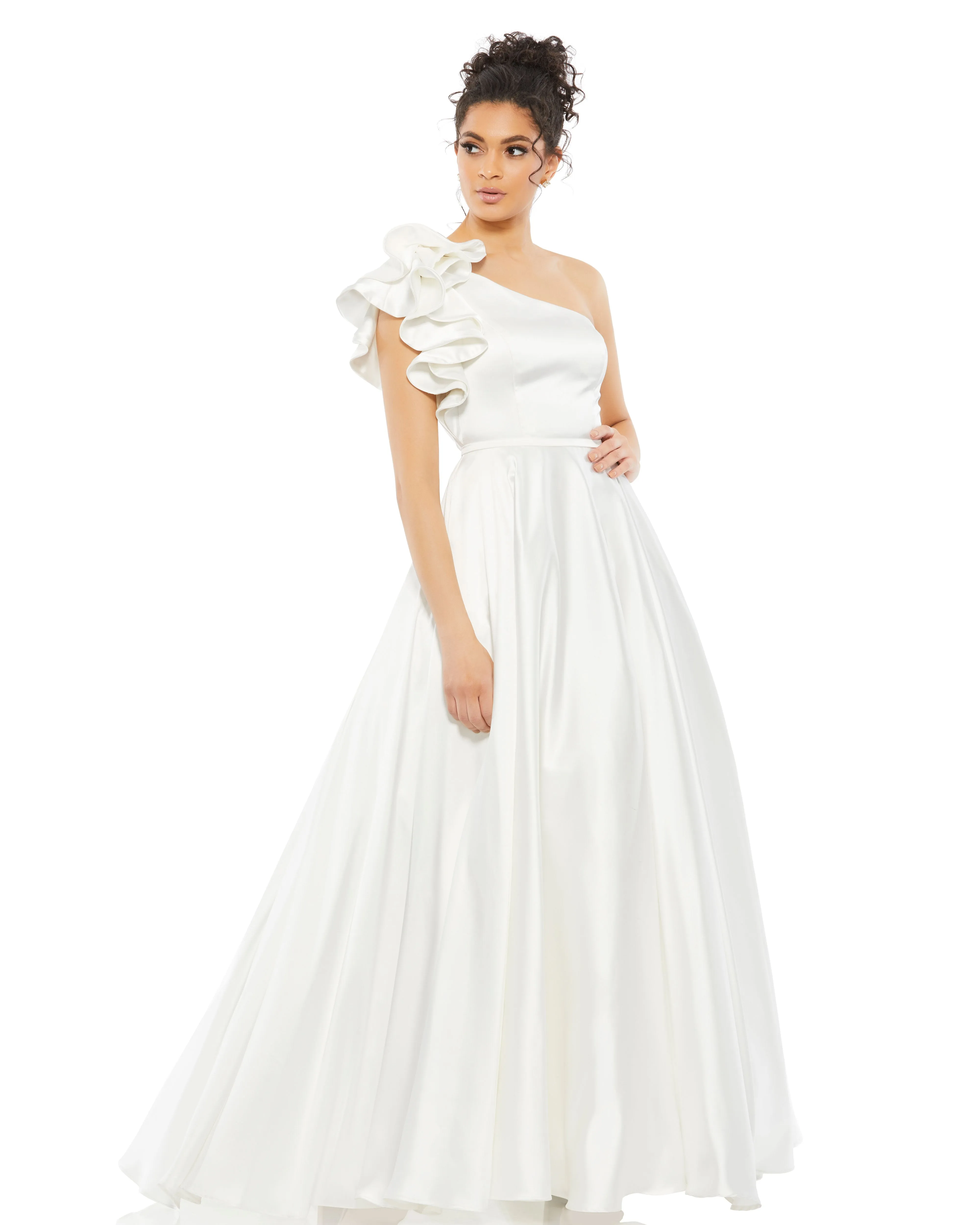 White Satin Ruffle Sleeve Ball Gown - FINAL SALE sold by Mac Duggal