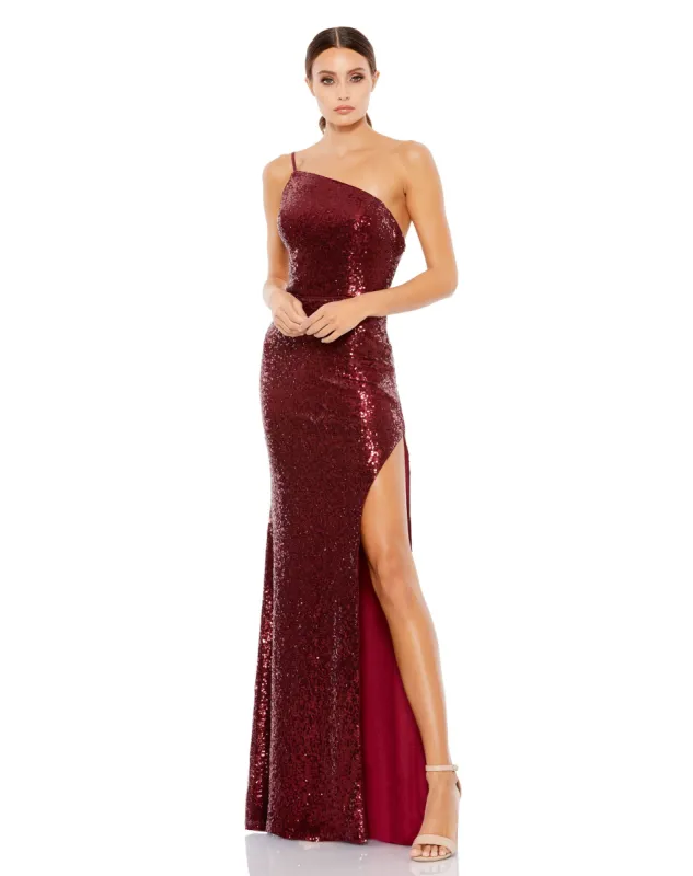 Open Back One Shoulder Sequined Gown sold by Mac Duggal