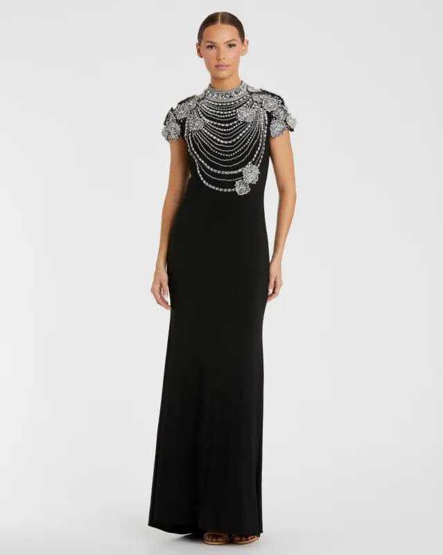 Black High Neck Embellished Column Gown sold by Mac Duggal