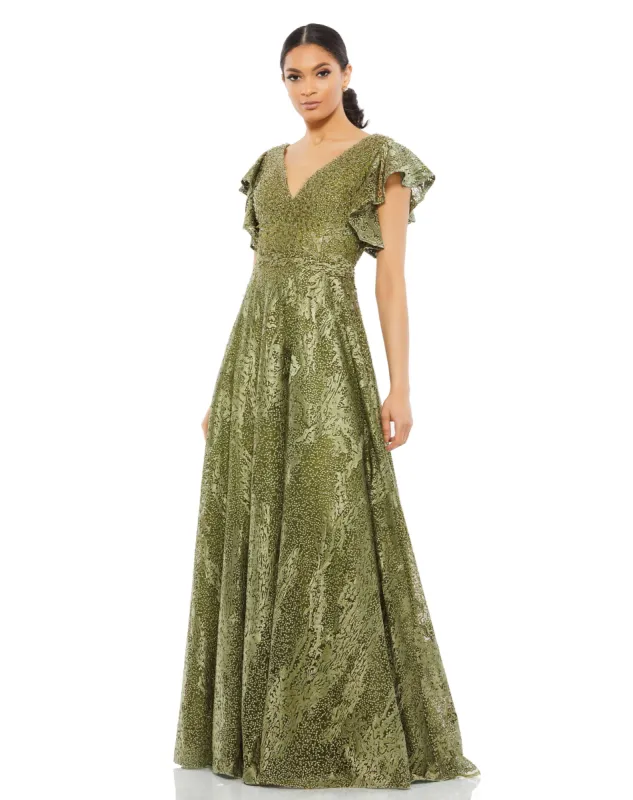 Green Embroidered Flutter Sleeve V-Neck Gown sold by Mac Duggal