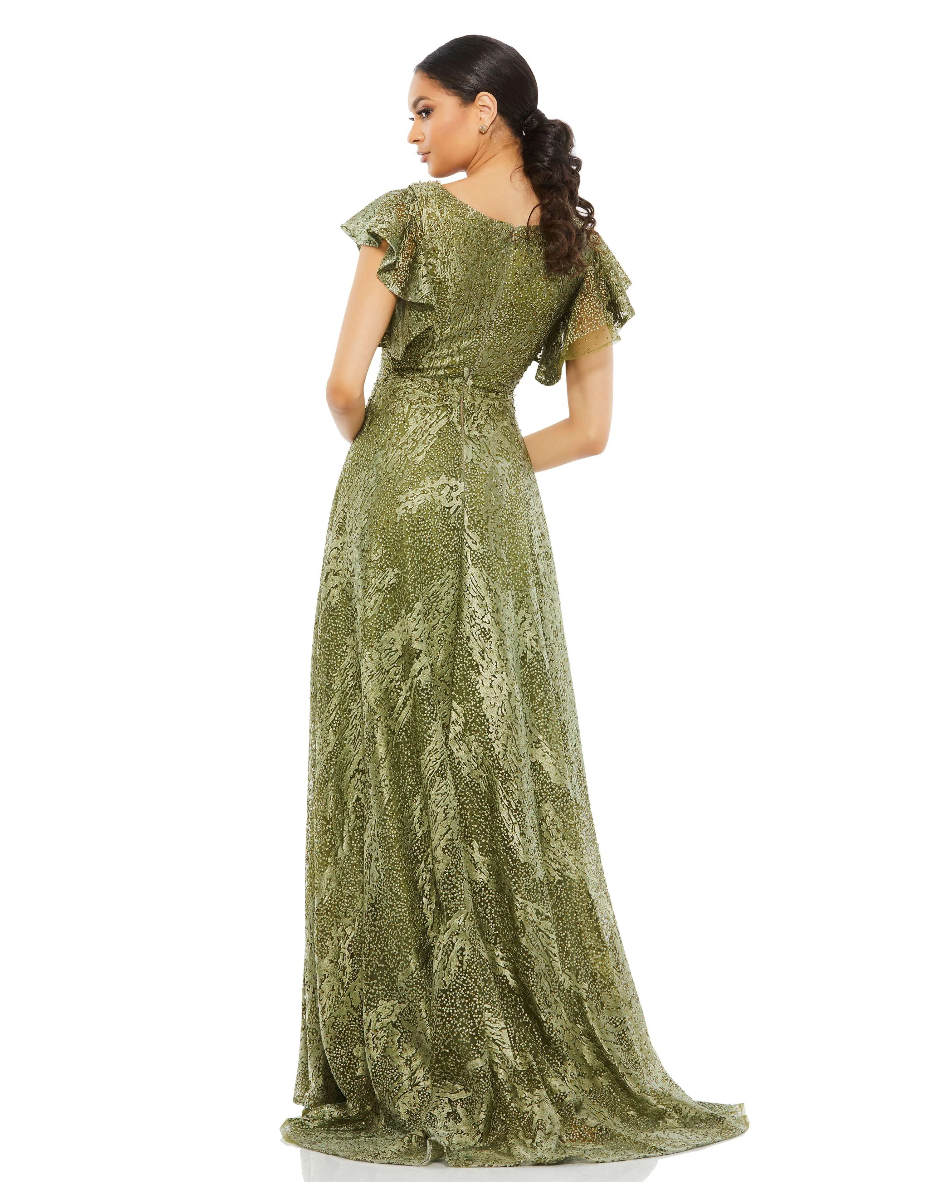 Green Embroidered Flutter Sleeve V-Neck Gown sold by Mac Duggal product image thumbnail 3