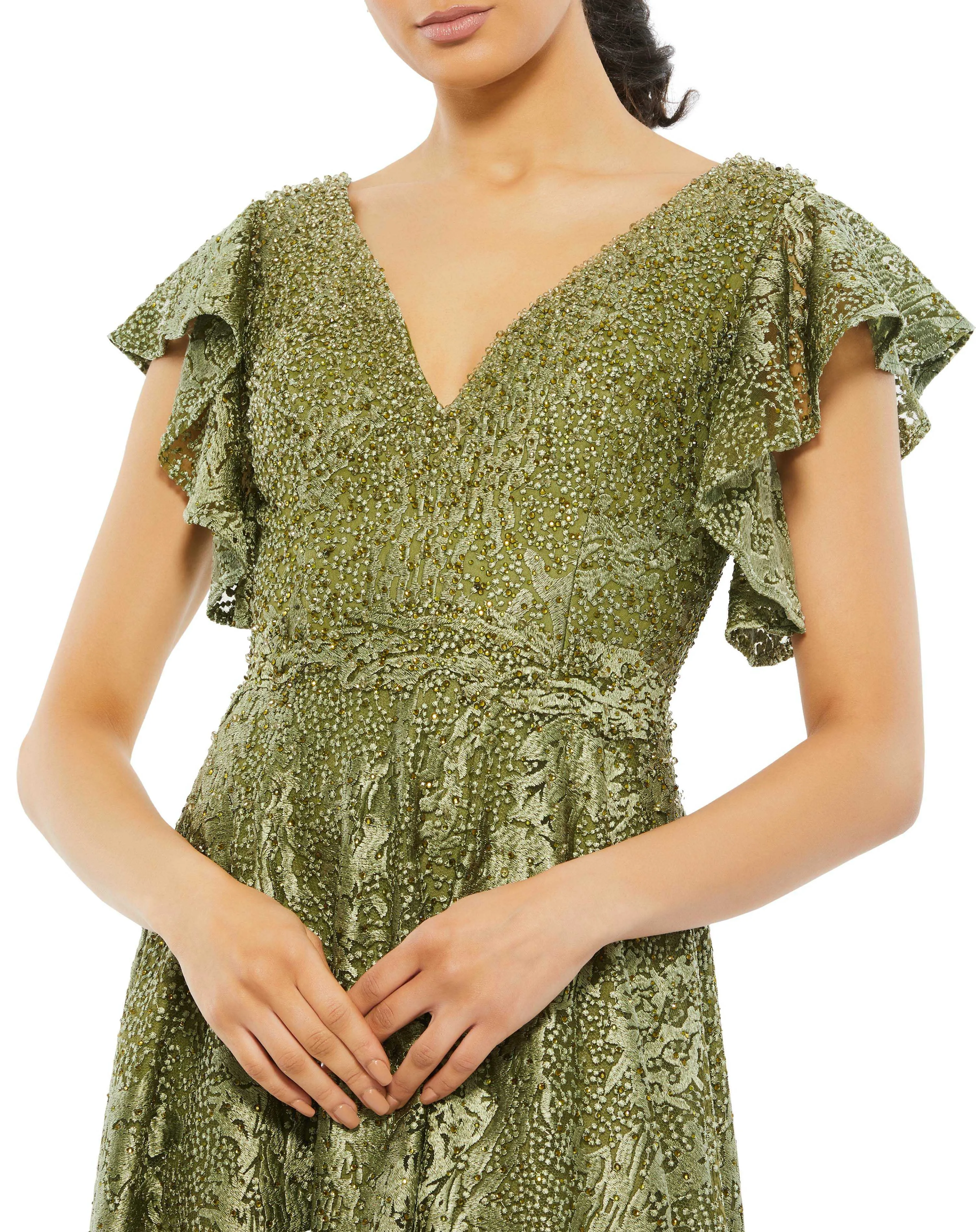Green Embroidered Flutter Sleeve V-Neck Gown sold by Mac Duggal product image thumbnail 2