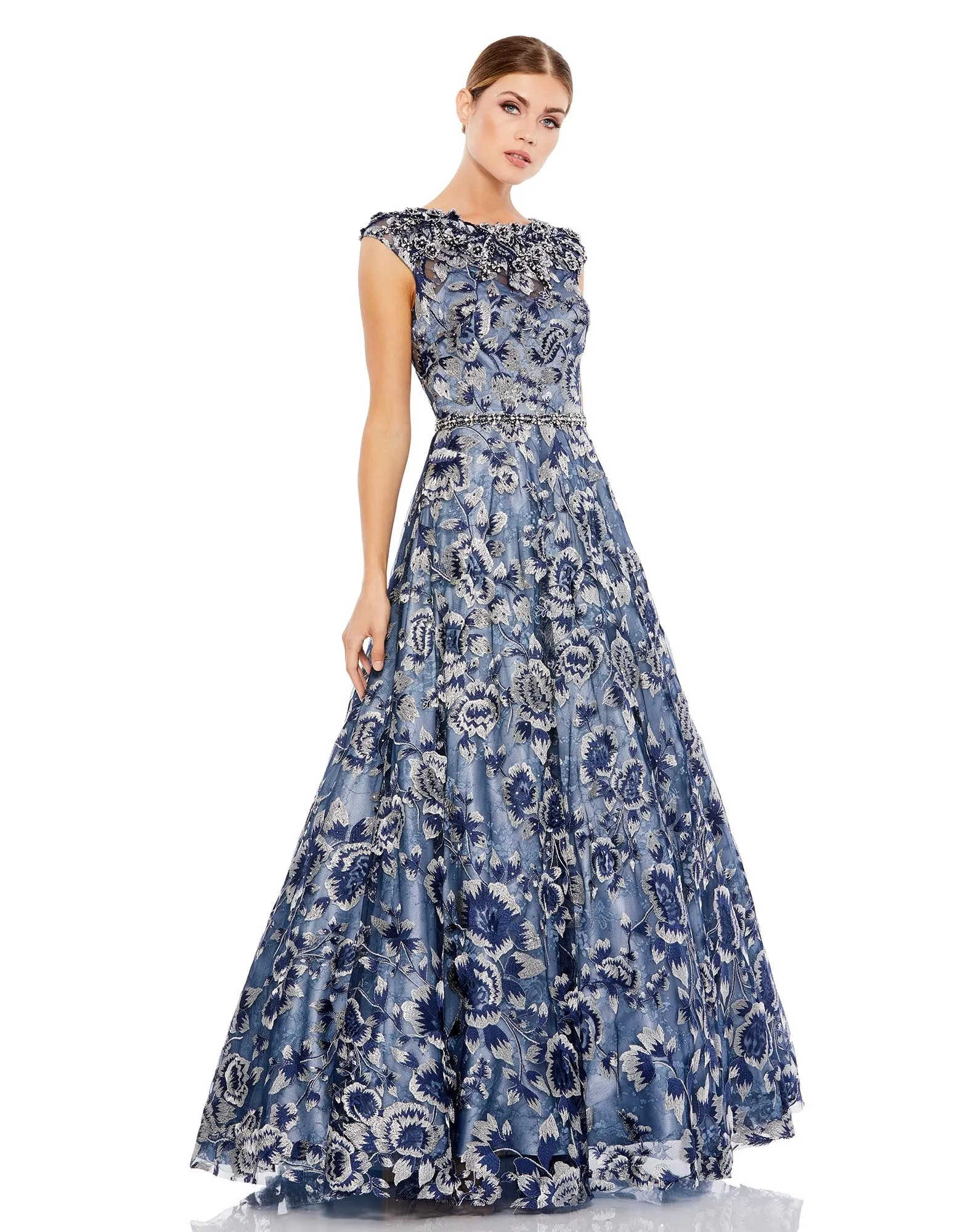 Blue Embellished Cap Sleeve High Neck Ball Gown sold by Mac Duggal