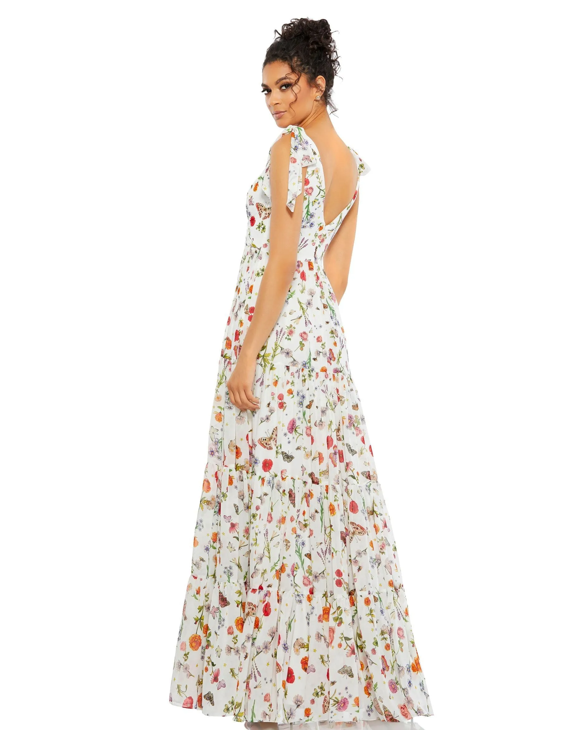 White Floral Print Sleeveless Soft Tie Shoulder Gown sold by Mac Duggal product image thumbnail 3