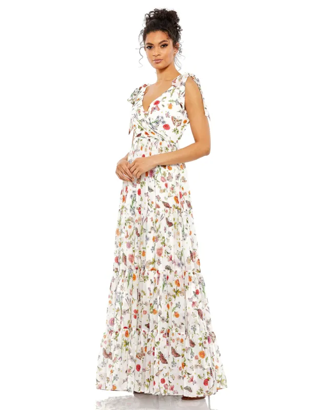 White Floral Print Sleeveless Soft Tie Shoulder Gown sold by Mac Duggal